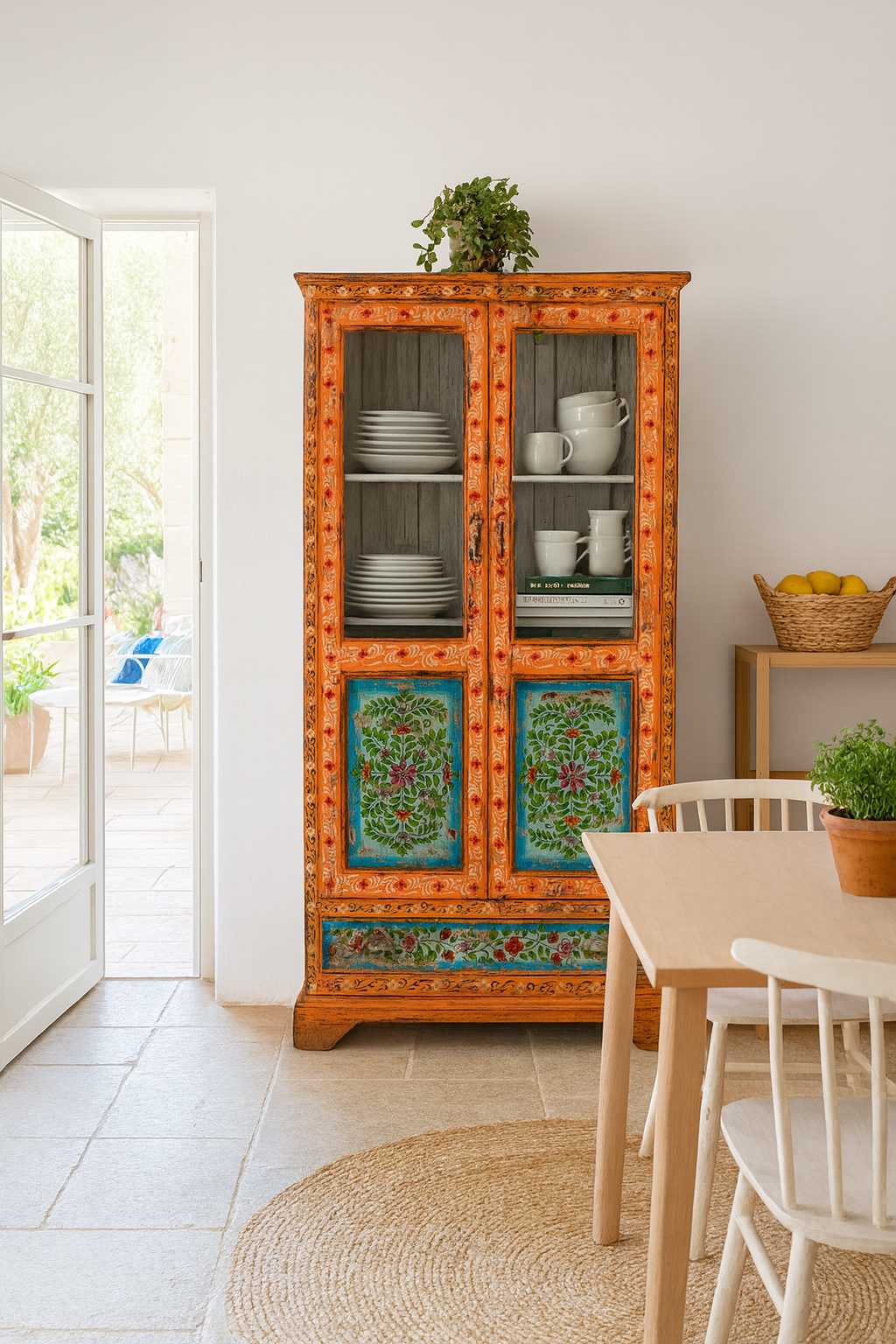 Lifestyle image of a hand-painted teak wood showcase with floral motifs and glass doors – sustainable furniture crafted from recycled wood with traditional Indian artistry.