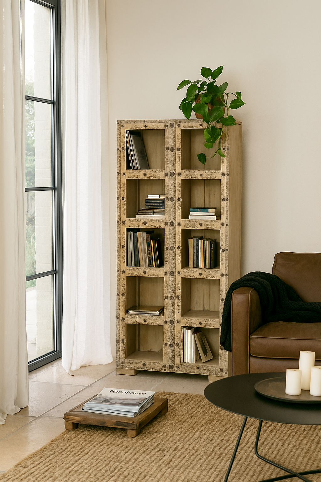 Lifestyle image of a reclaimed teak wood shelving unit with 10 compartments and iron fittings – sustainable furniture combining practicality, style, and handcrafted quality.