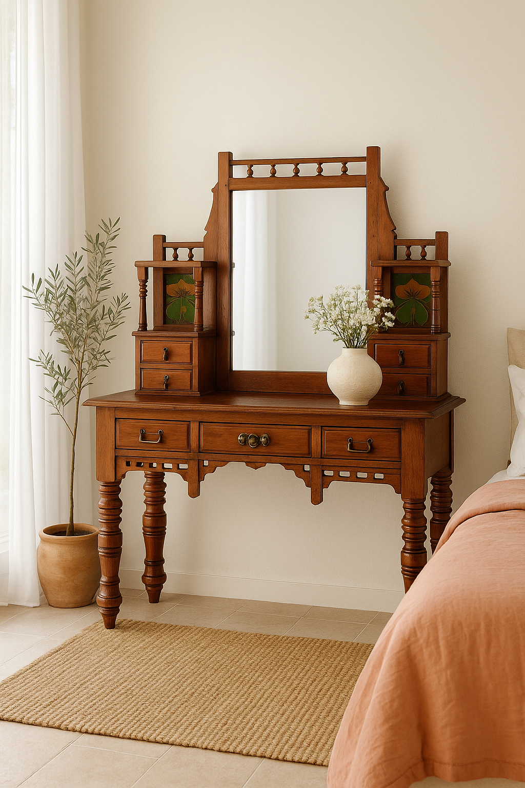 Lifestyle imagination of a antique console table with mirror, restored teak wood, featuring hand-carved detailing; dressing table with mirror, 110 × 48 × 146 cm.