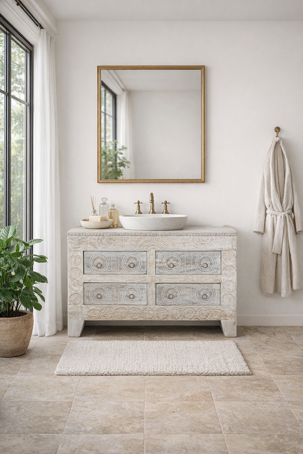 Lifestyle imagination of a handcrafted chest of drawers Zuber made from reclaimed wood, featuring four carved drawers with circular motifs and a whitewashed finish. A rustic, sustainable furniture piece with soft texture and elegant detailing.