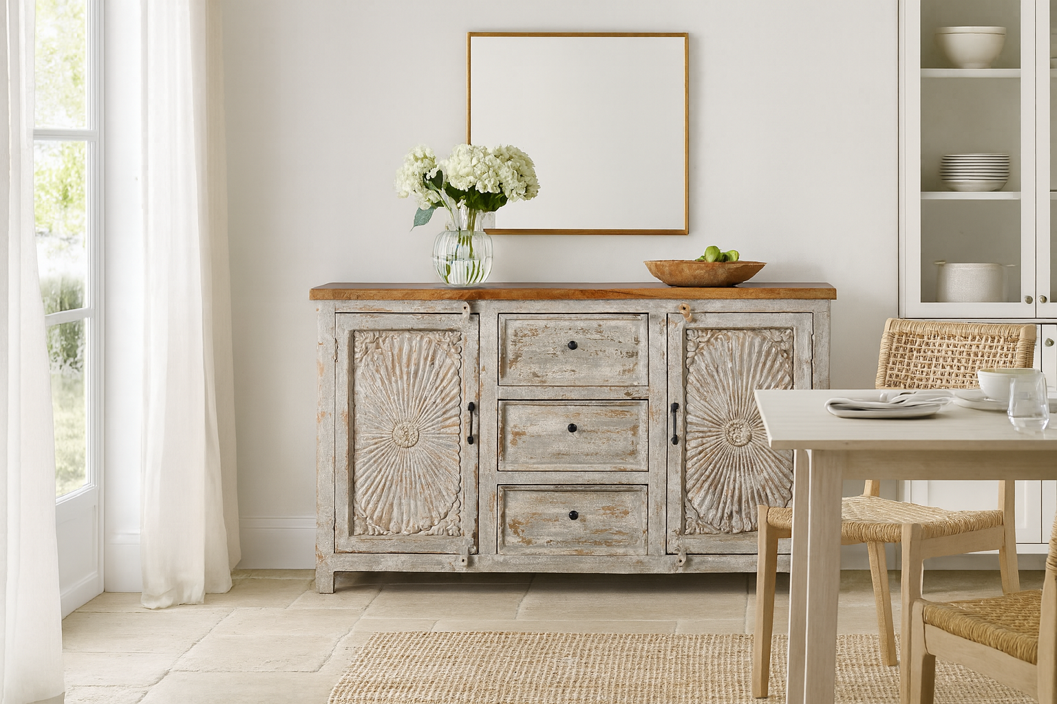 Lifestyle image of a handcrafted carved sideboard made from solid mango wood with floral motifs, antique layered finish, and natural wood top; artisan vintage furniture, 150 × 40 × 90 cm.