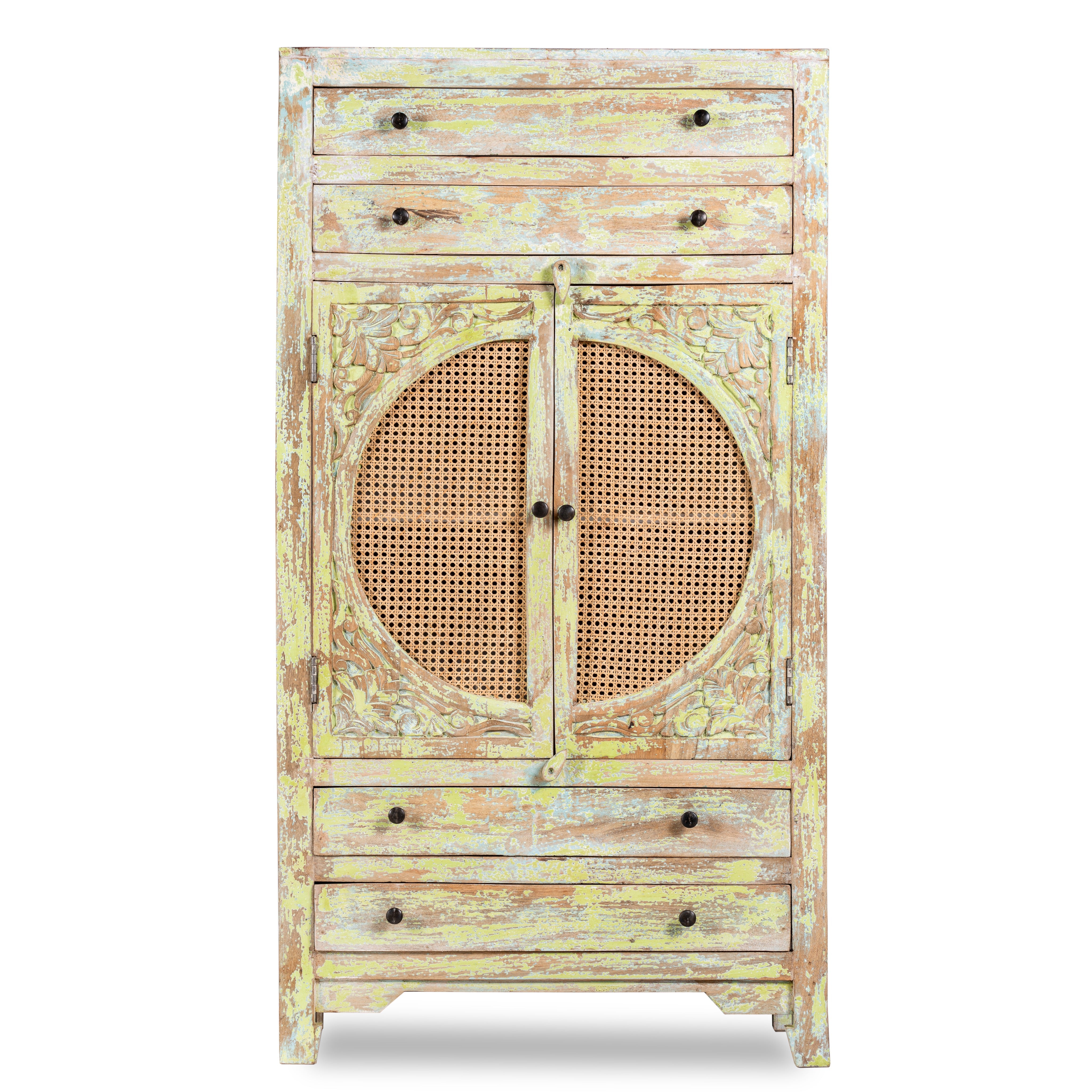 White background image of a green-washed mango wood cabinet with floral carvings, rattan door inserts, versatile living room furniture, 80 × 148 × 40 cm.