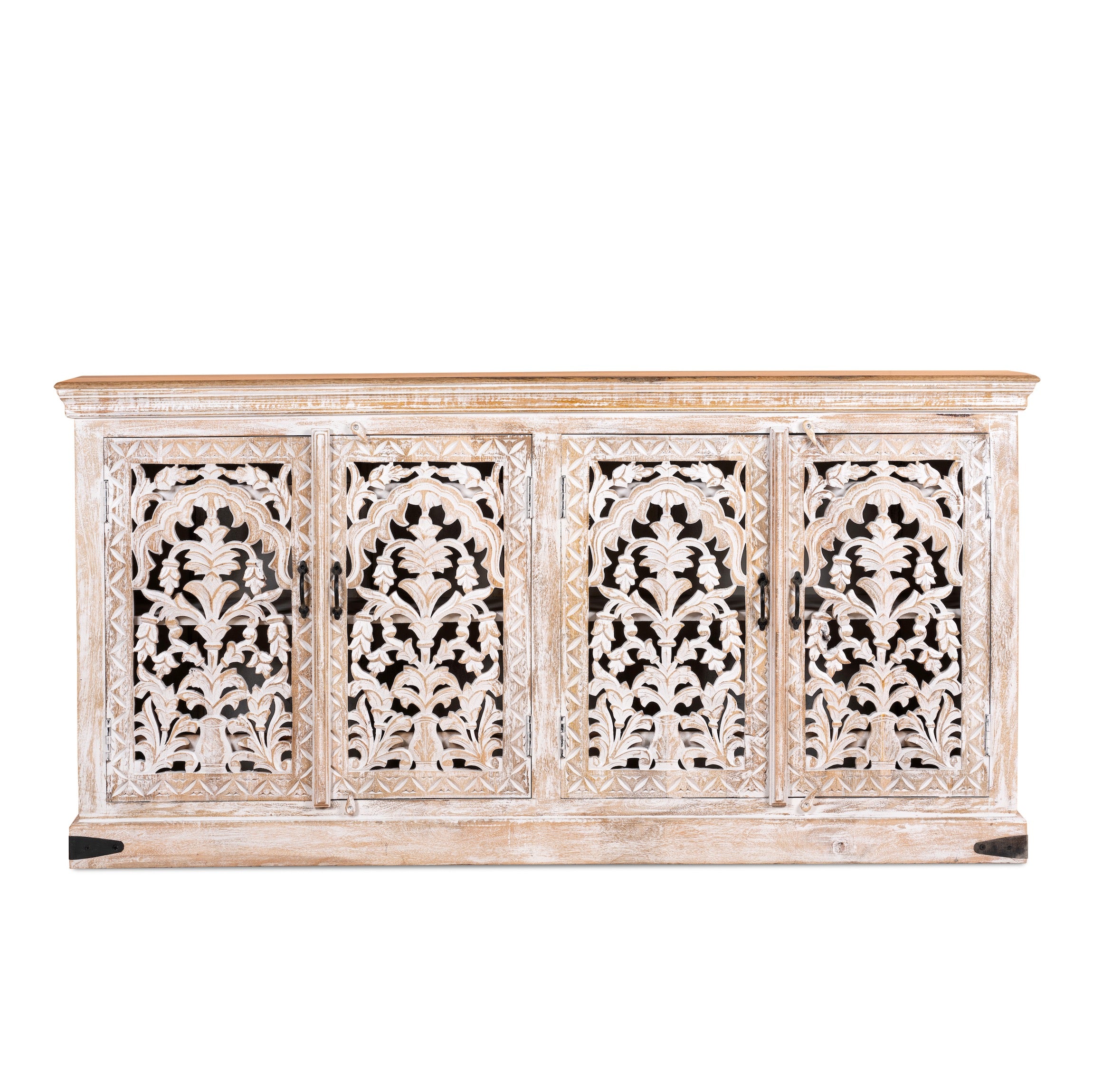White background image of a hand-carved whitewashed mango wood sideboard with intricate floral detailing, perfect for a boho chic living room or vintage-inspired interior.