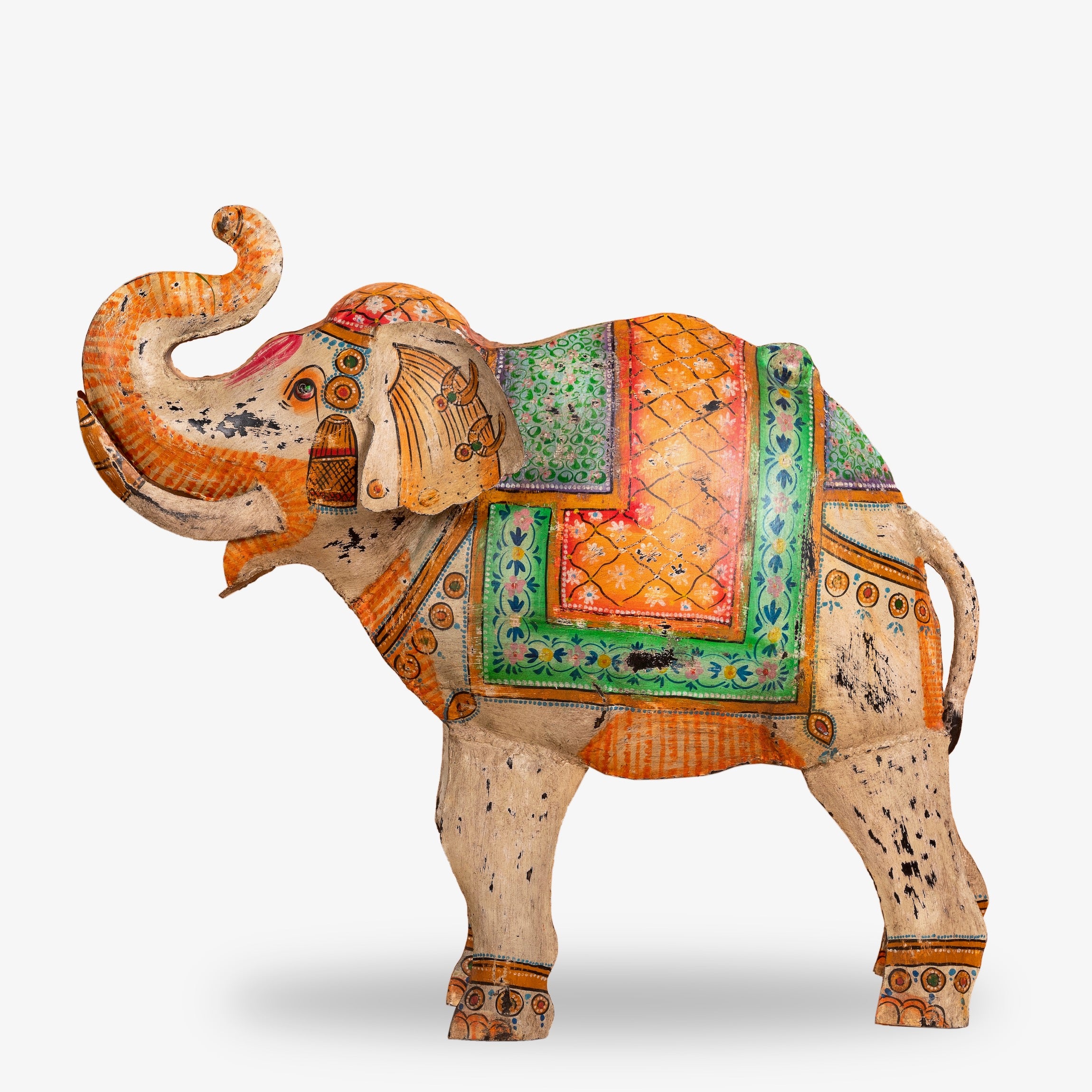 White background image of a handcrafted metal elephant sculpture with painted finish – a unique painted metal decoration perfect for vintage home decor and artistic interiors.