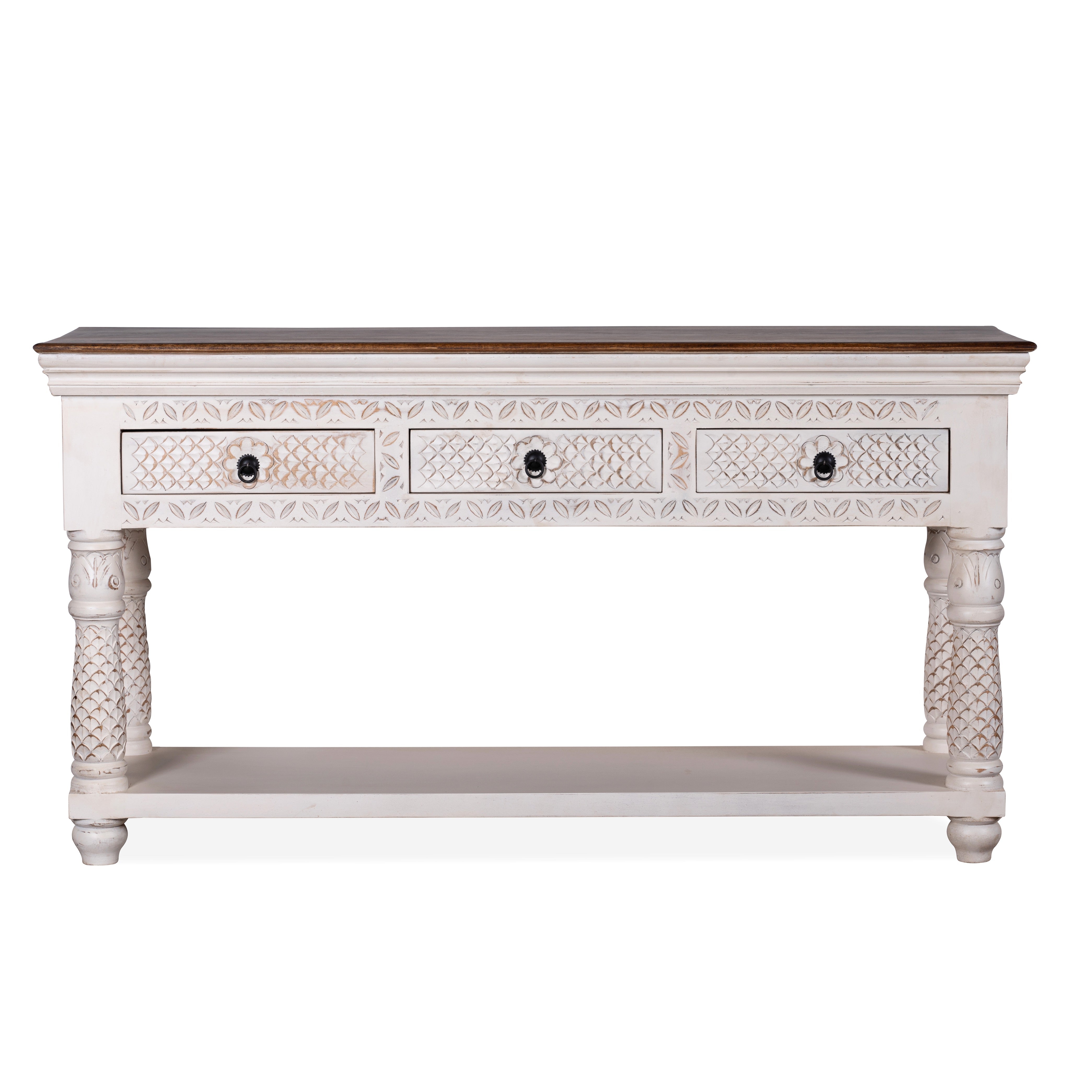 White background image of a carved mango wood console table with floral ornamentation; rich, exotic mango wood furniture, 150 × 90 × 45 cm.