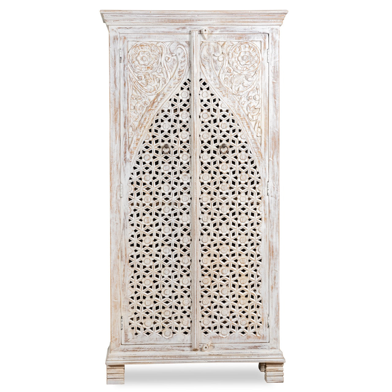 White backround image of a white-washed hand-carved wooden wardrobe made of solid mango wood, vintage furniture with Mediterranean Ibiza style, 180 × 90 × 40 cm.