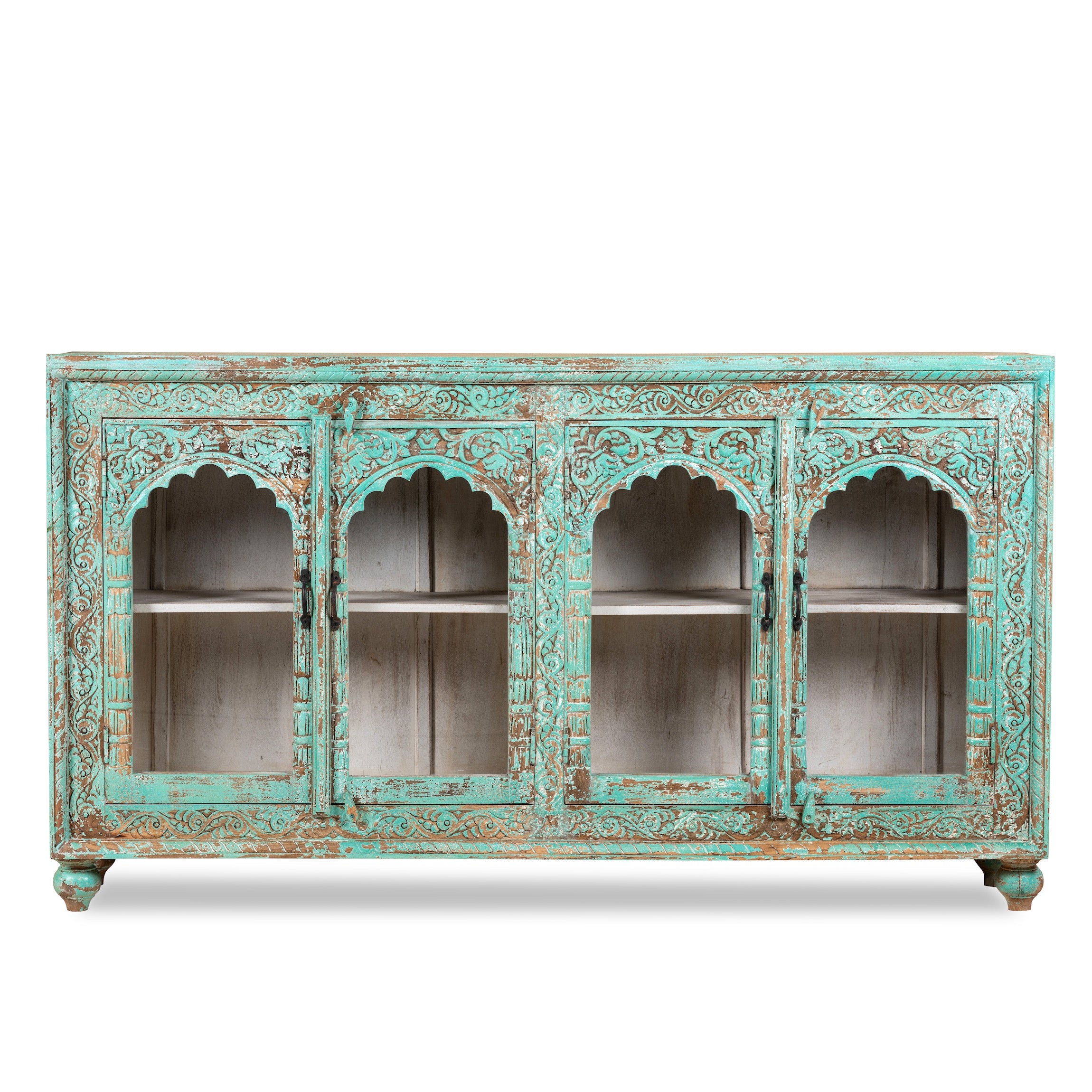 White background image of Jesar handcrafted turquoise-washed carved wooden sideboard with Indian motifs and open compartments; ideal as living room furniture or carved showcase, 180 × 100 × 40 cm.