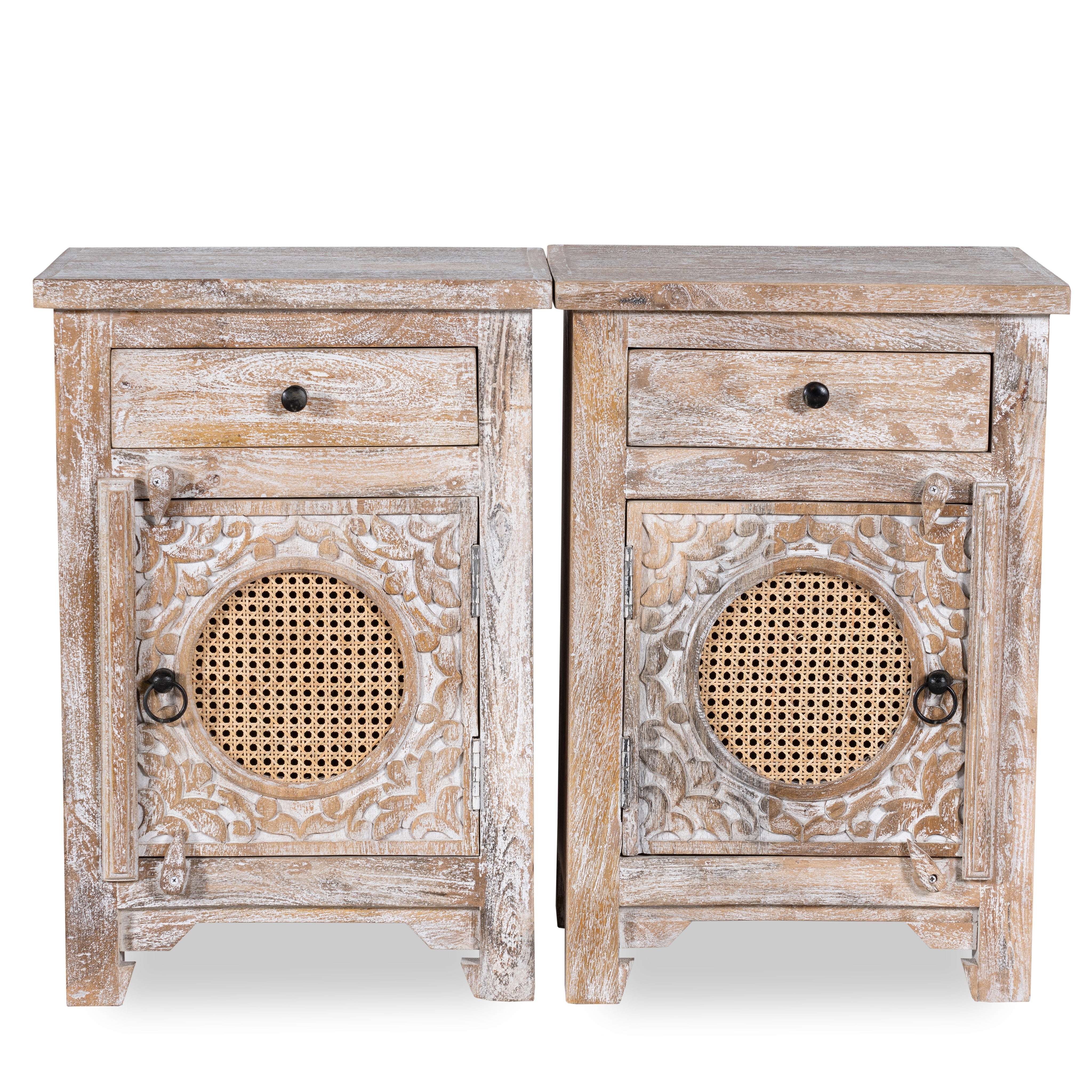 White background image of a pair of hand carved mango wood night stands with rattan inserts; sustainable bedroom furniture, 67 × 47 × 40 cm.