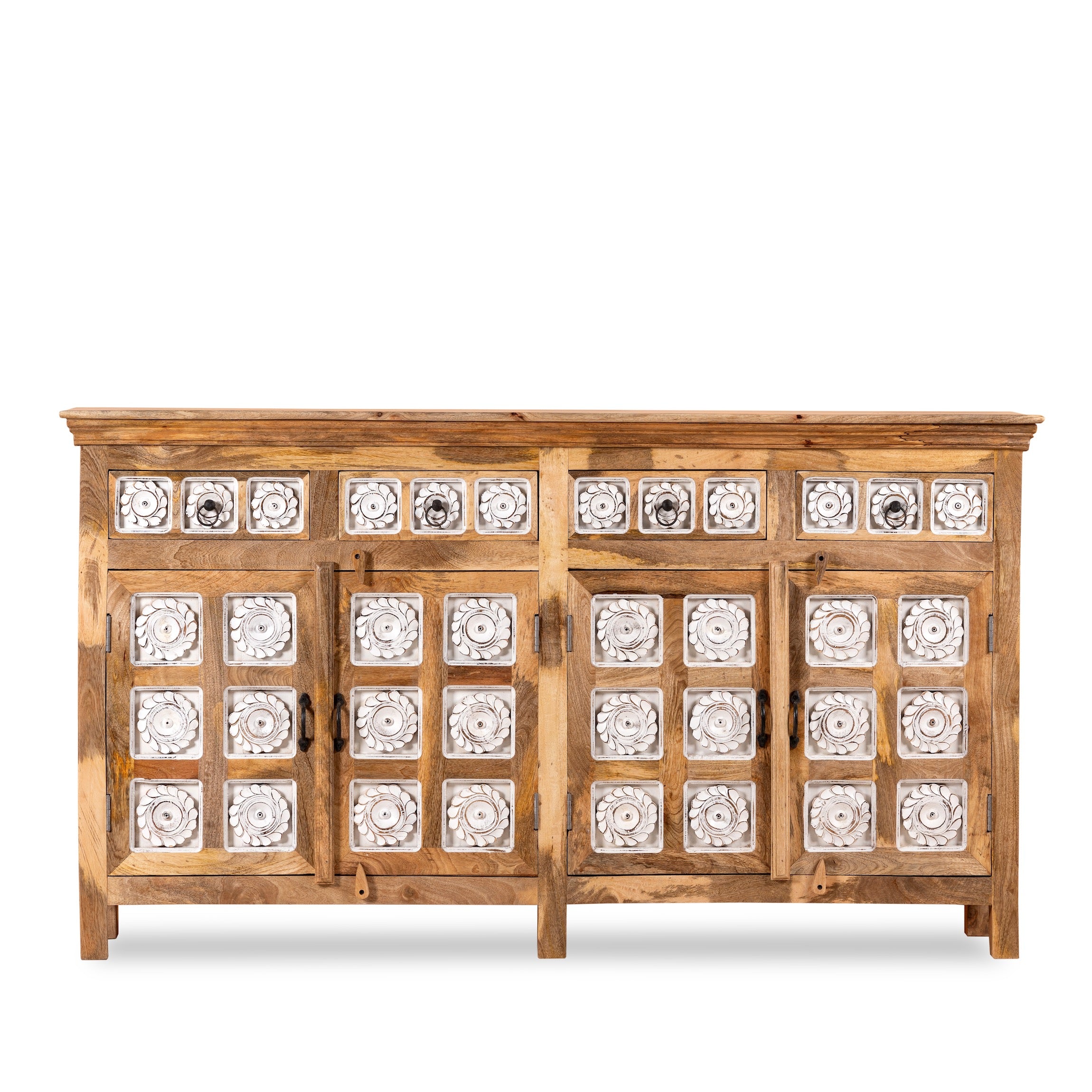White background image of a hand-carved mango wood sideboard with whitewashed floral details; perfect as living room furniture or mango wood furniture for vintage interiors, 180 × 100 × 40 cm.