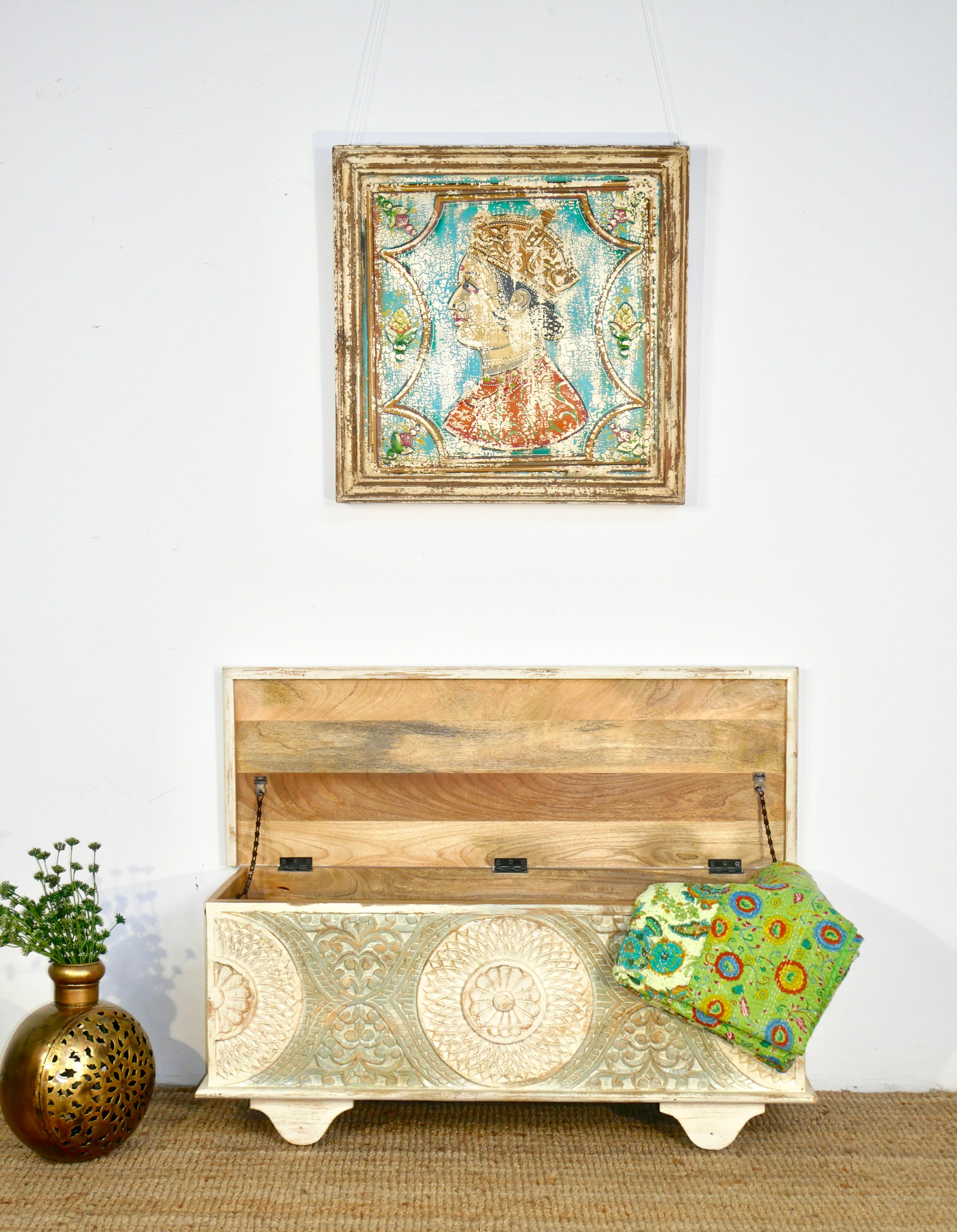 Image with open lid of a hand-carved mango wood vintage chest with whitewashed finish and iron fittings – elegant storage for bohemian or rustic interiors.
