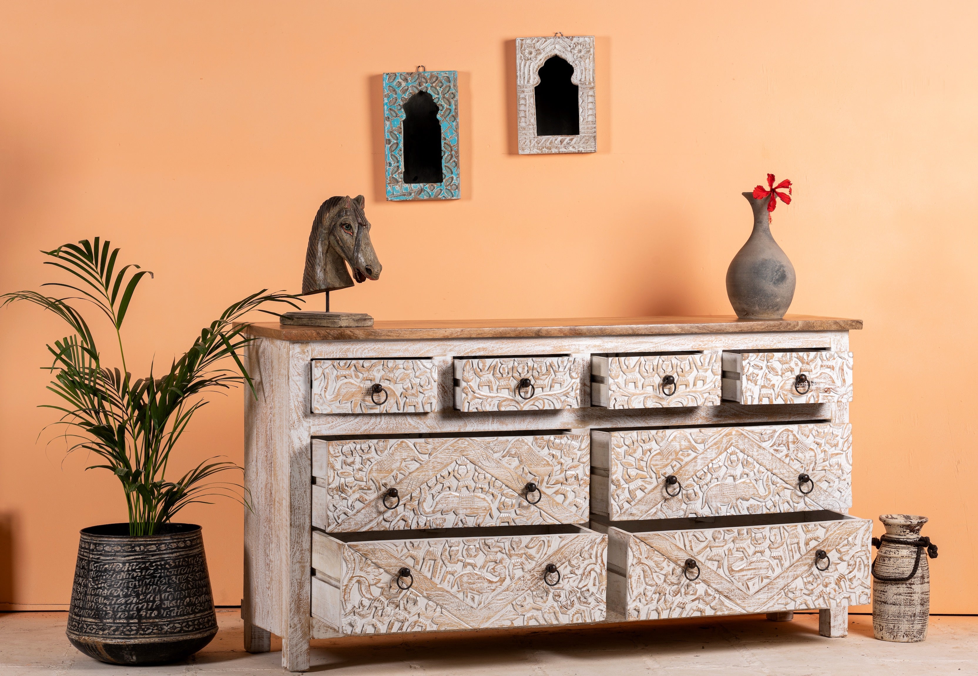Open drawer image of a hand-carved mango wood sideboard with elephant motifs and whitewashed finish; ideal for vintage home decor, 153 × 80 × 40 cm.