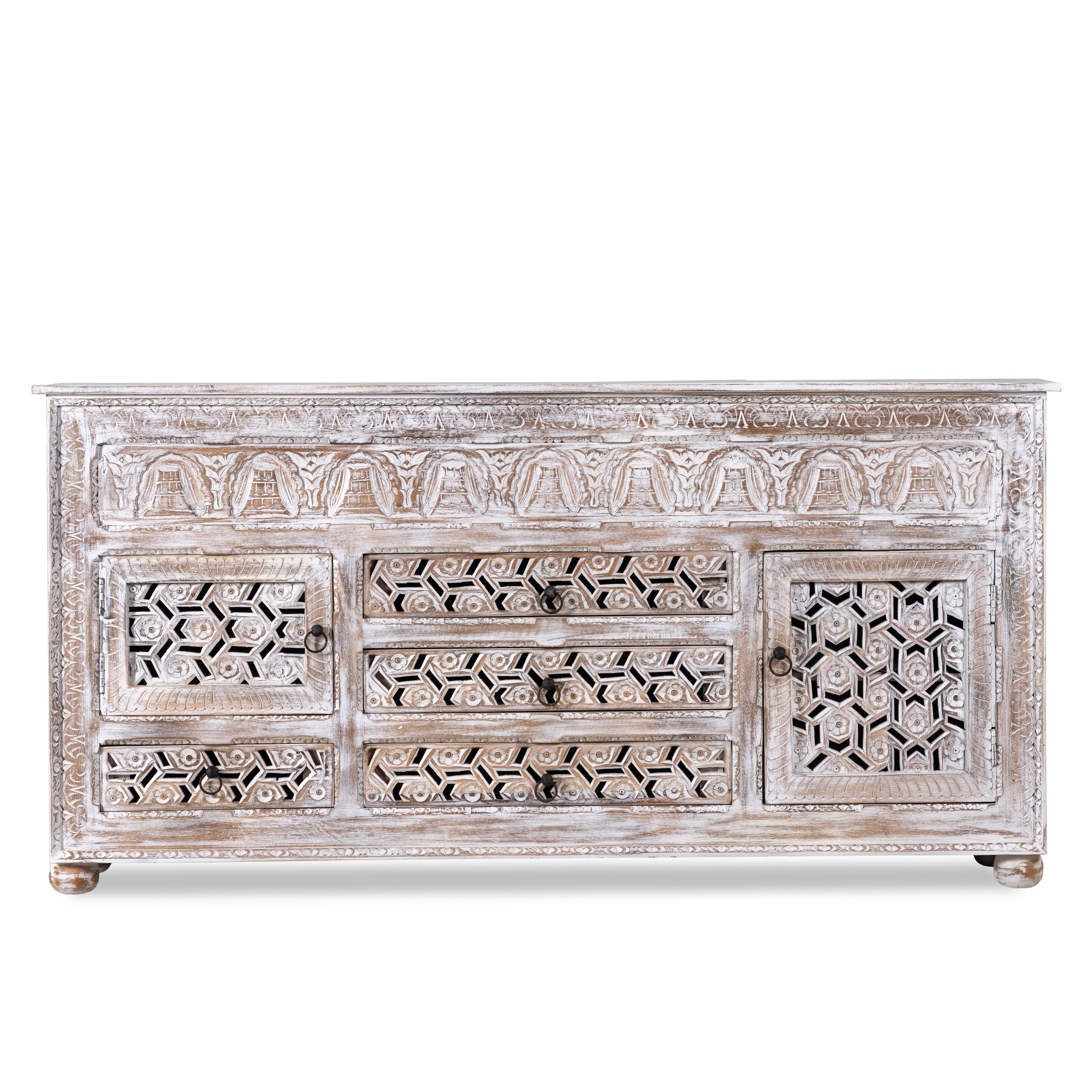 White background image of a hand-carved wooden sideboard made from solid mango wood with drawers and compartments; unique furniture piece in Mediterranean style, 180 × 100 × 40 cm.