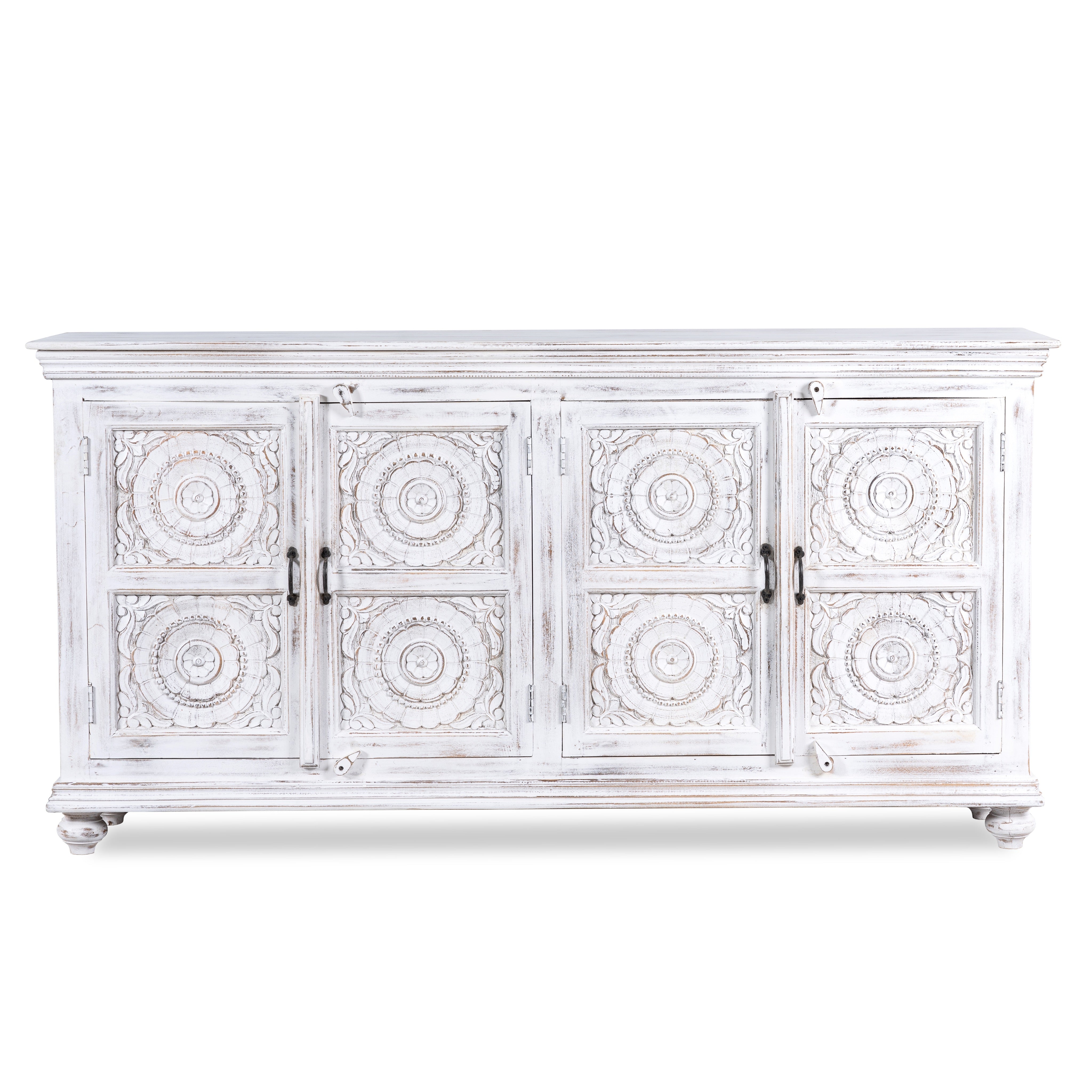 White background image of a mango wood sideboard with hand-carved floral mandala doors; ideal for vintage home decor and mango wood furniture, 180 × 90 × 40 cm.