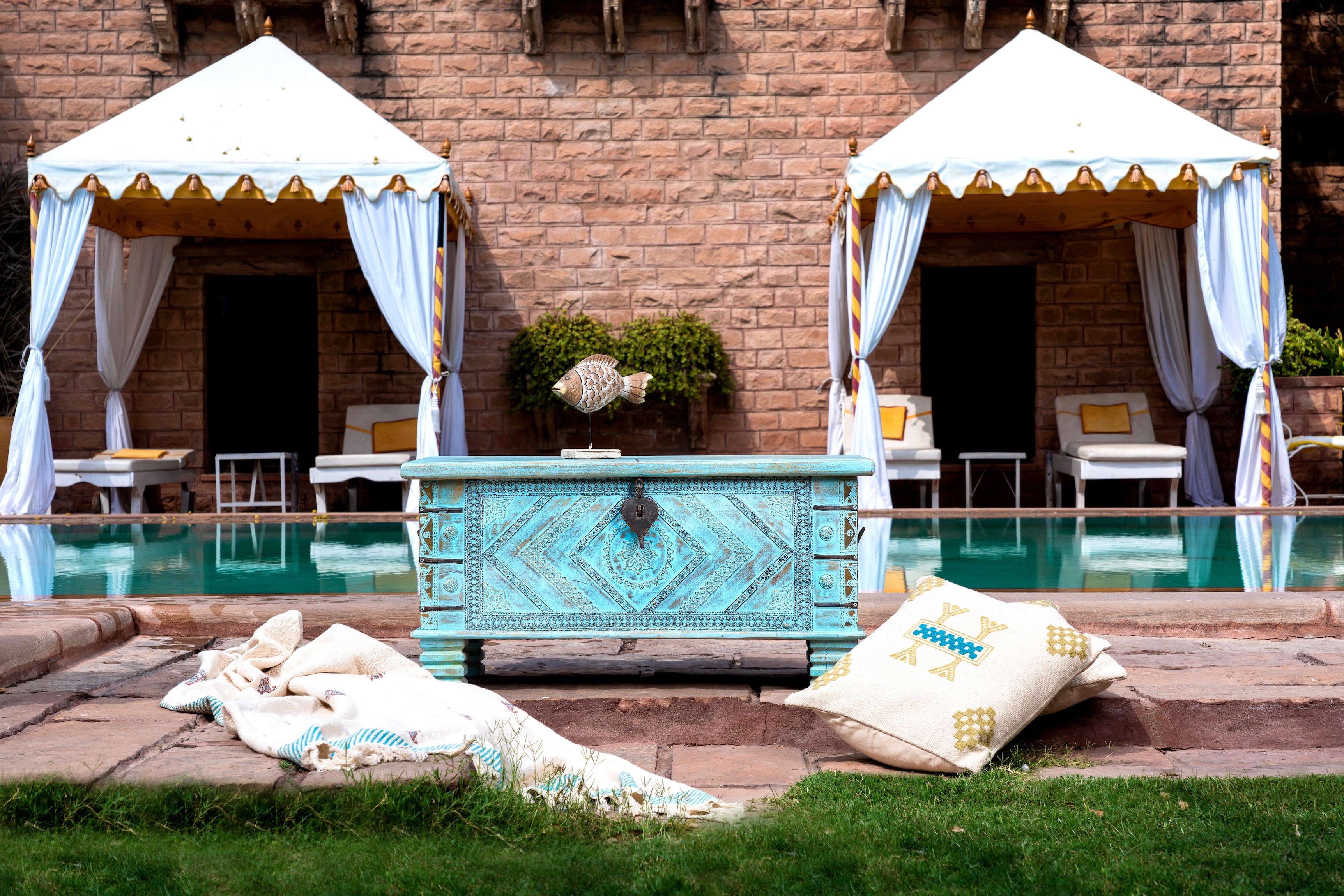 Blue hand-carved mango wood chest with floral and geometric carvings – wood chest box perfect for boho style storage or decorative accent.