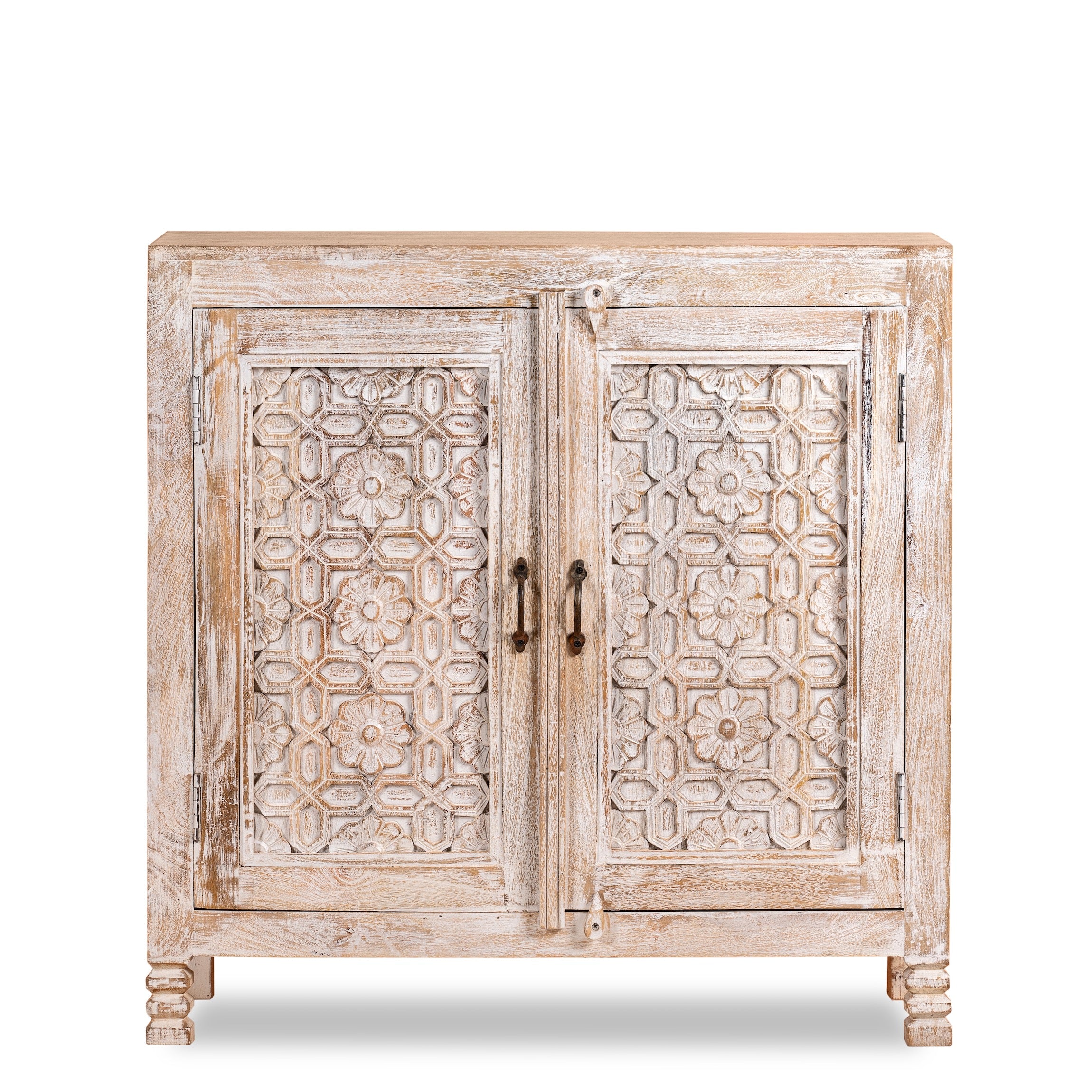 White background image of a white washed cabinet handcrafted from mango wood with engraved doors; artisanal Indian mango wood furniture, 90 × 90 × 40 cm.