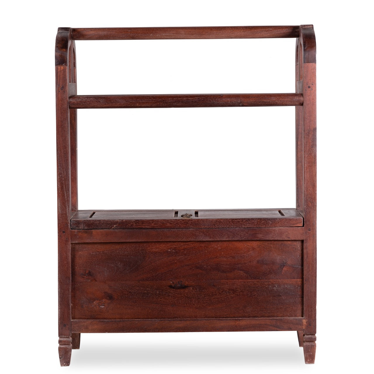 White background image of a reclaimed teak wood towel stand with dark brown finish and laundry storage; rustic bathroom furniture, 100 × 30 × 76 cm.