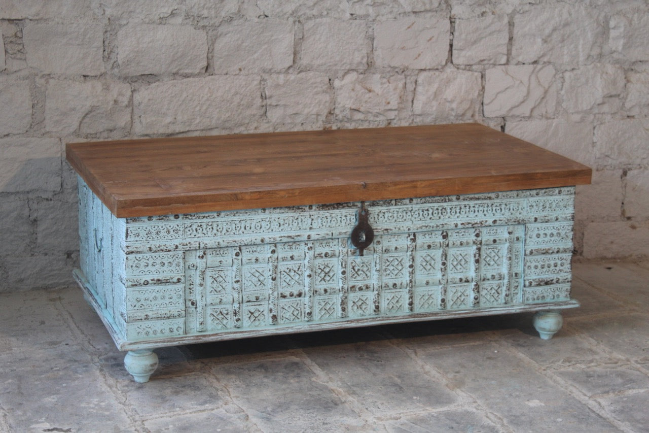 Antique Indian chest coffee table in blue with brass fittings – solid teak iron fitted wooden chest repurposed as living room table with storage.