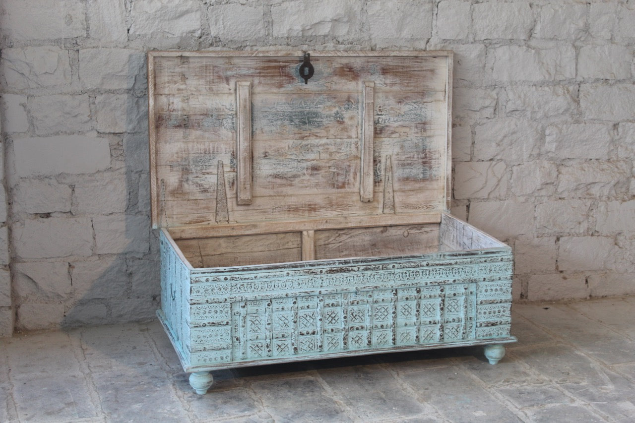 Antique Indian chest coffee table in blue with brass fittings – solid teak iron fitted wooden chest repurposed as living room table with storage.