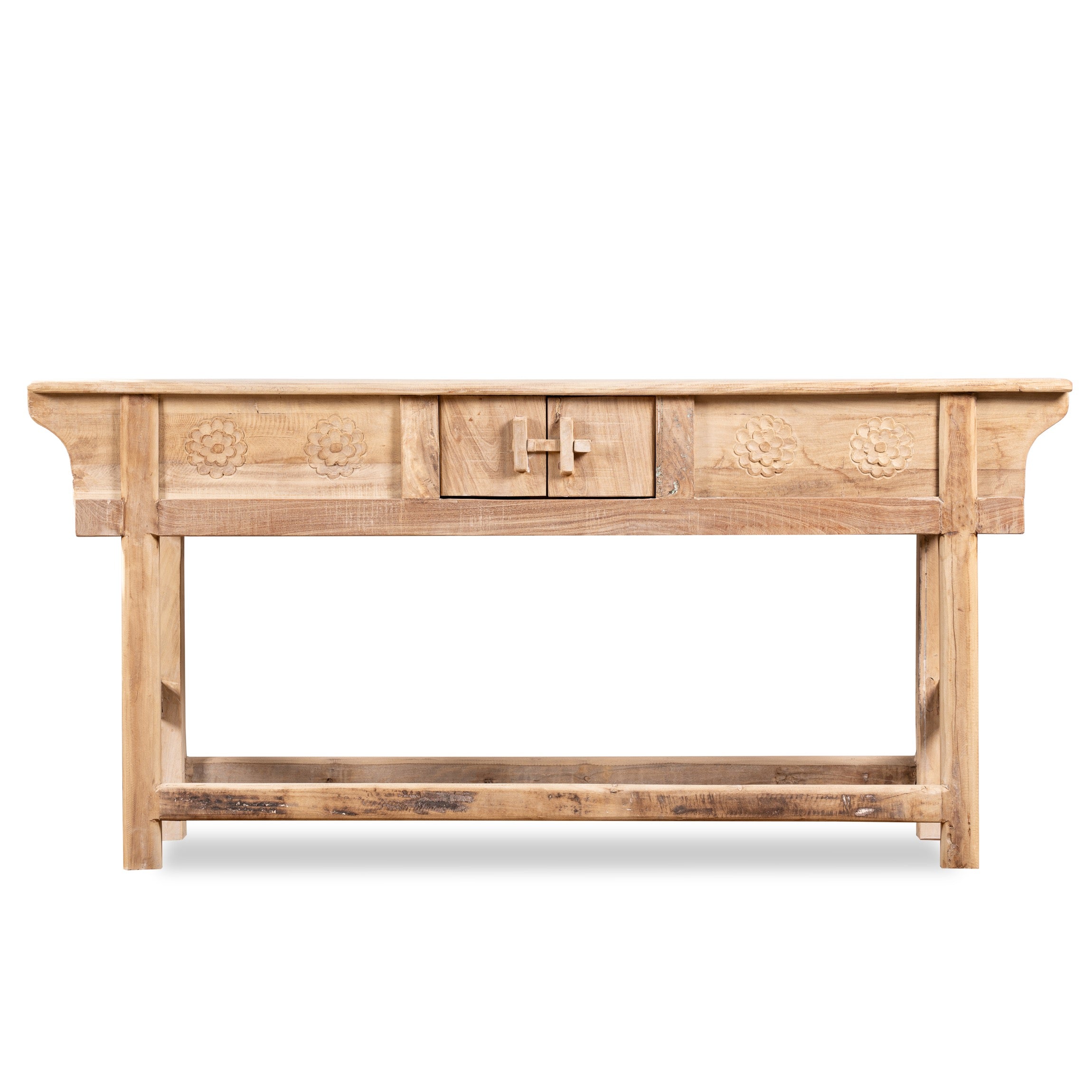 White background image of a rustic reclaimed teak console table with hand-carved detailing and hidden side compartments; sustainable furniture, 170 × 82 × 48 cm.