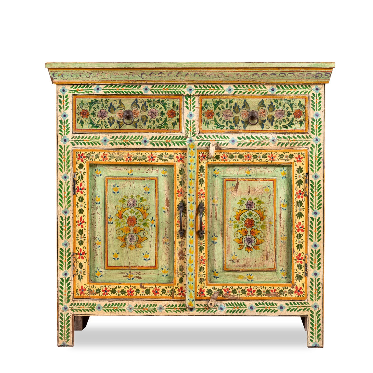 White background image of a hand painted green Indian cabinet made from recycled wood with floral motifs, 2 drawers and 2 compartments, 90 × 90 × 40 cm.