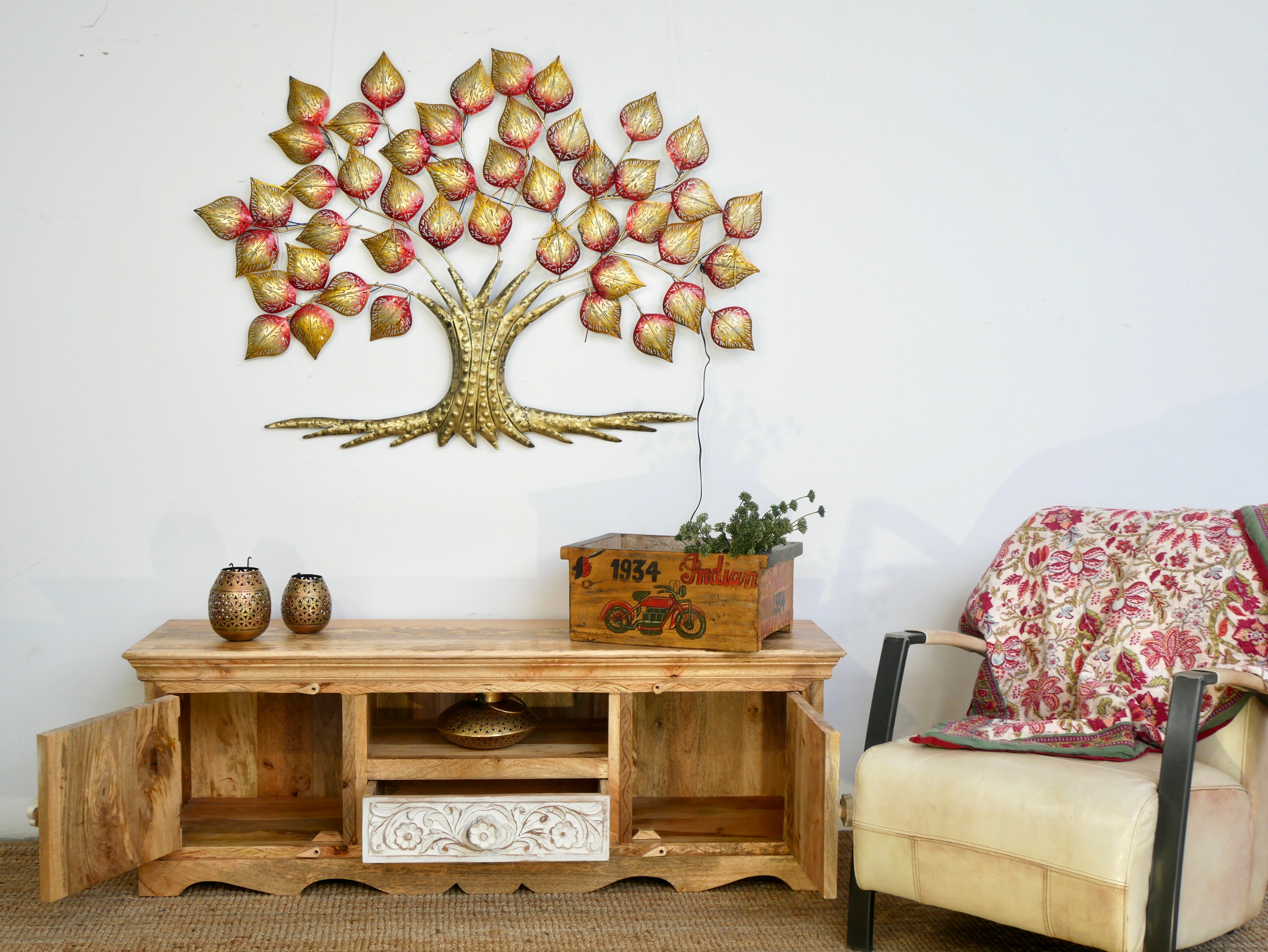 Open door image of a handcrafted wooden carved sideboard made from mango wood with Indian carvings and drawers; ideal living room furniture, 150 × 60 × 40 cm.
