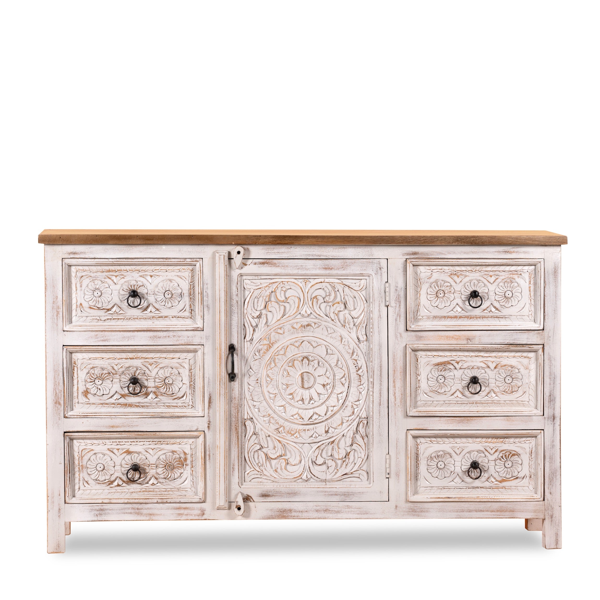 White background image of a handcrafted mango wood sideboard with carved floral motifs, whitewashed base and natural top; perfect for vintage home decor and living room furniture, 150 × 40 × 90 cm.