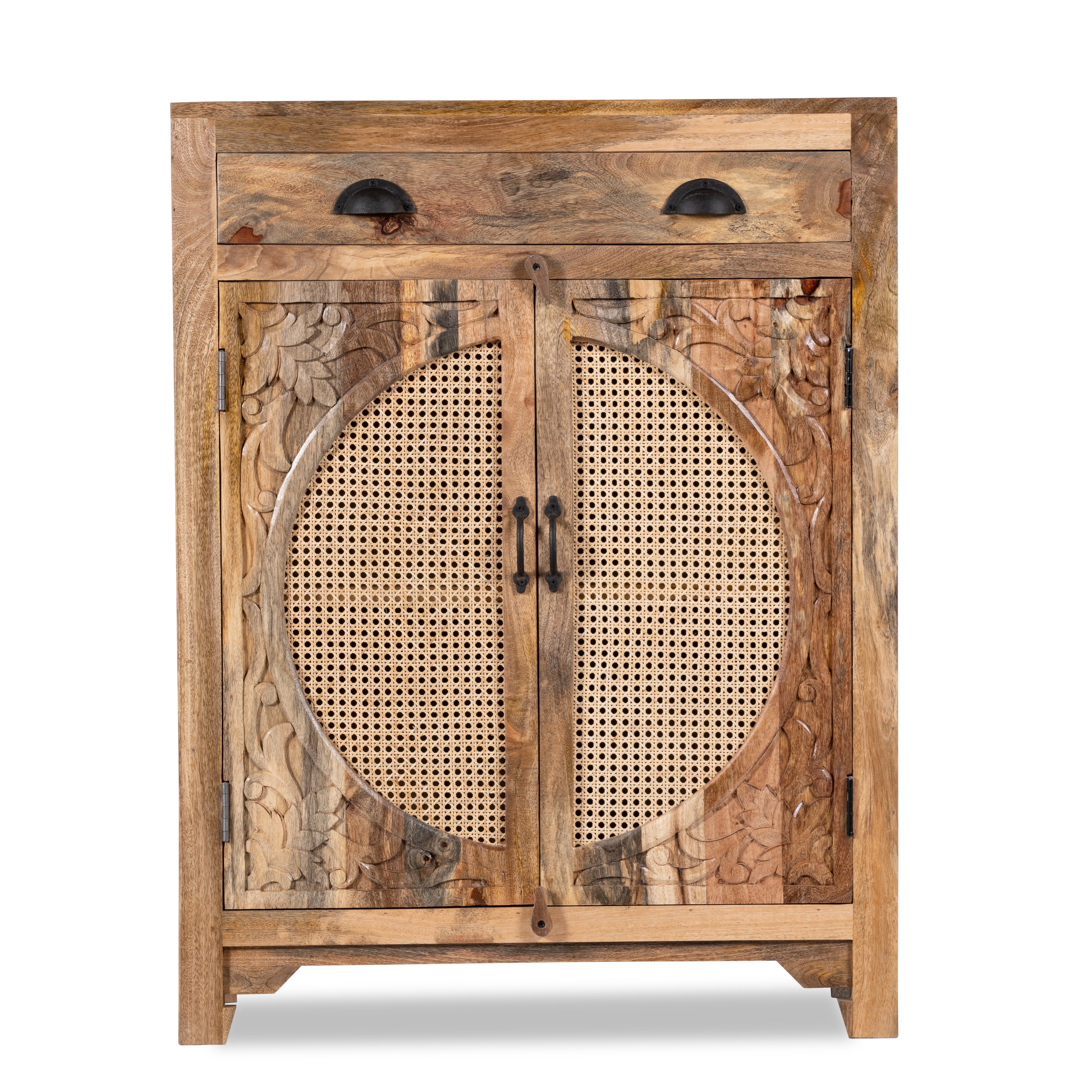 White background image of a mango wood cupboard with rattan door panels and hand‑carved Indian ornamentation, 80 × 40 × 104 cm.