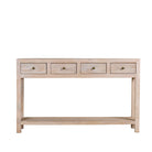 White background image of a sandblasted mango wood console table in Ibiza style with four drawers and lower shelf.