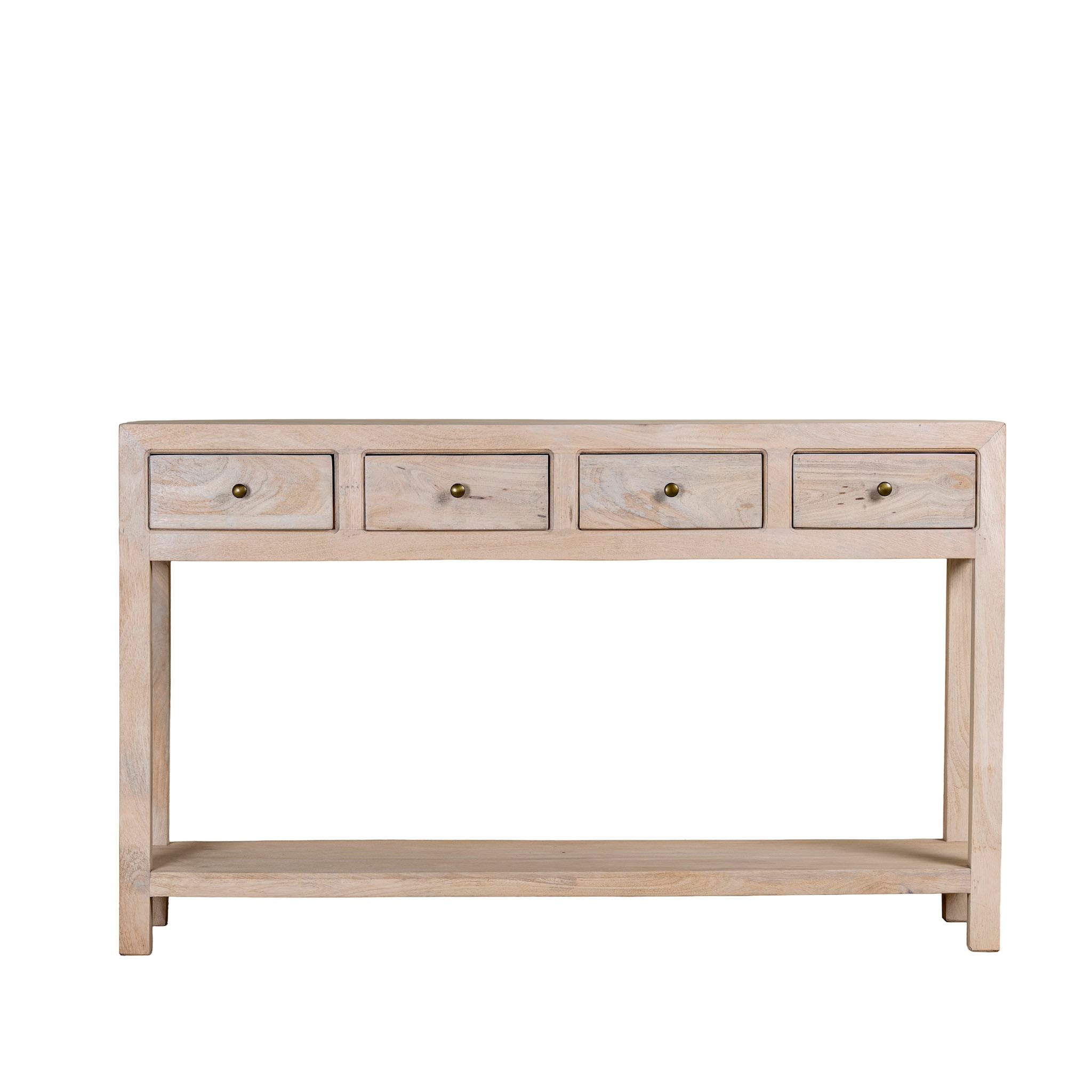 White background image of a sandblasted mango wood console table in Ibiza style with four drawers and lower shelf.