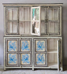 Image showing open door of a hand-painted reclaimed wood display cabinet with glass doors and floral blue peacock design – Aadrika model by Om Home & Garden