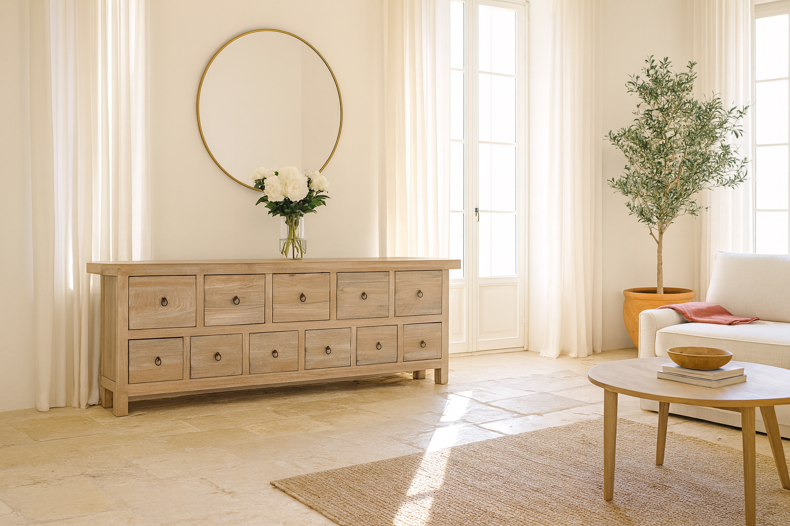 Lifestyle imagination of a reclaimed wood furniture chest of drawers with 11 drawers, Ibiza style living room furniture with sandblasted finish, 250 × 40 × 85 cm.