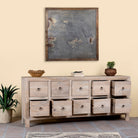 Open drawers image of a reclaimed sandblasted wooden chest of drawers with 10 drawers, part of our Ibiza style furniture collection.
