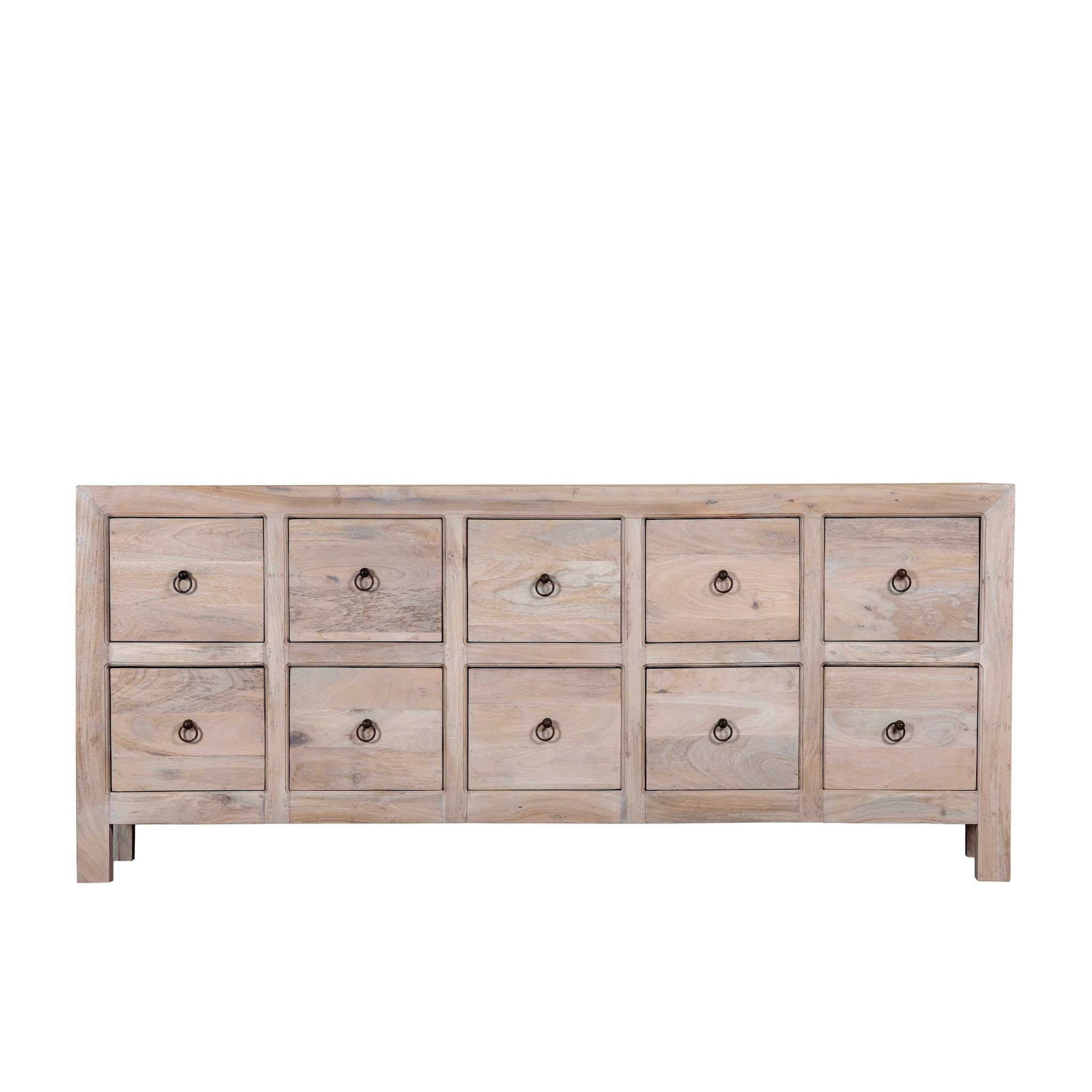 White background image of a reclaimed sandblasted wooden chest of drawers with 10 drawers, part of our Ibiza style furniture collection.