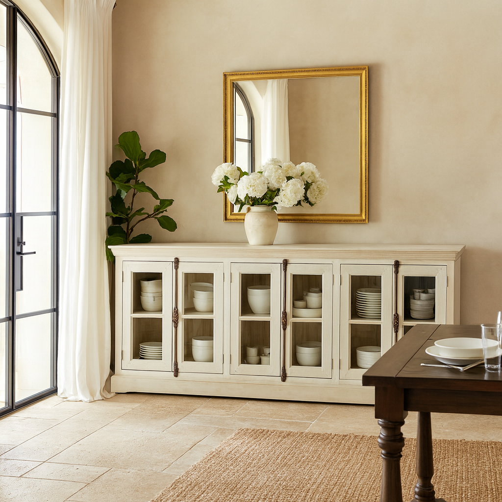 Lifestyle imagination of a sandblasted reclaimed wood sideboard in Ibiza style with four glass-panelled doors, vintage Mediterranean furniture, 263×45×100 cm.