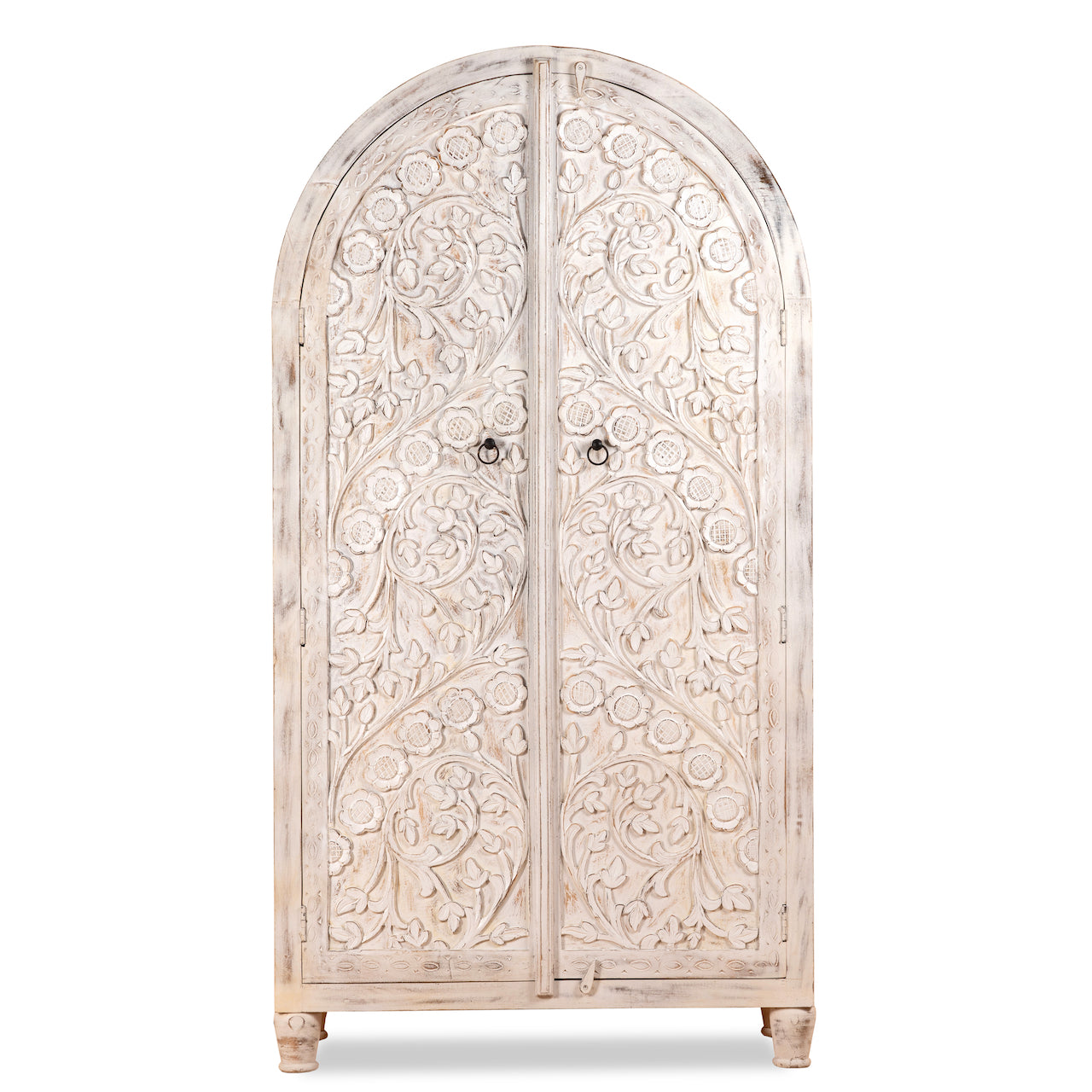 White background image of a white-washed hand-carved mango wood cabinet in Ibiza style, a statement piece for vintage home decor.