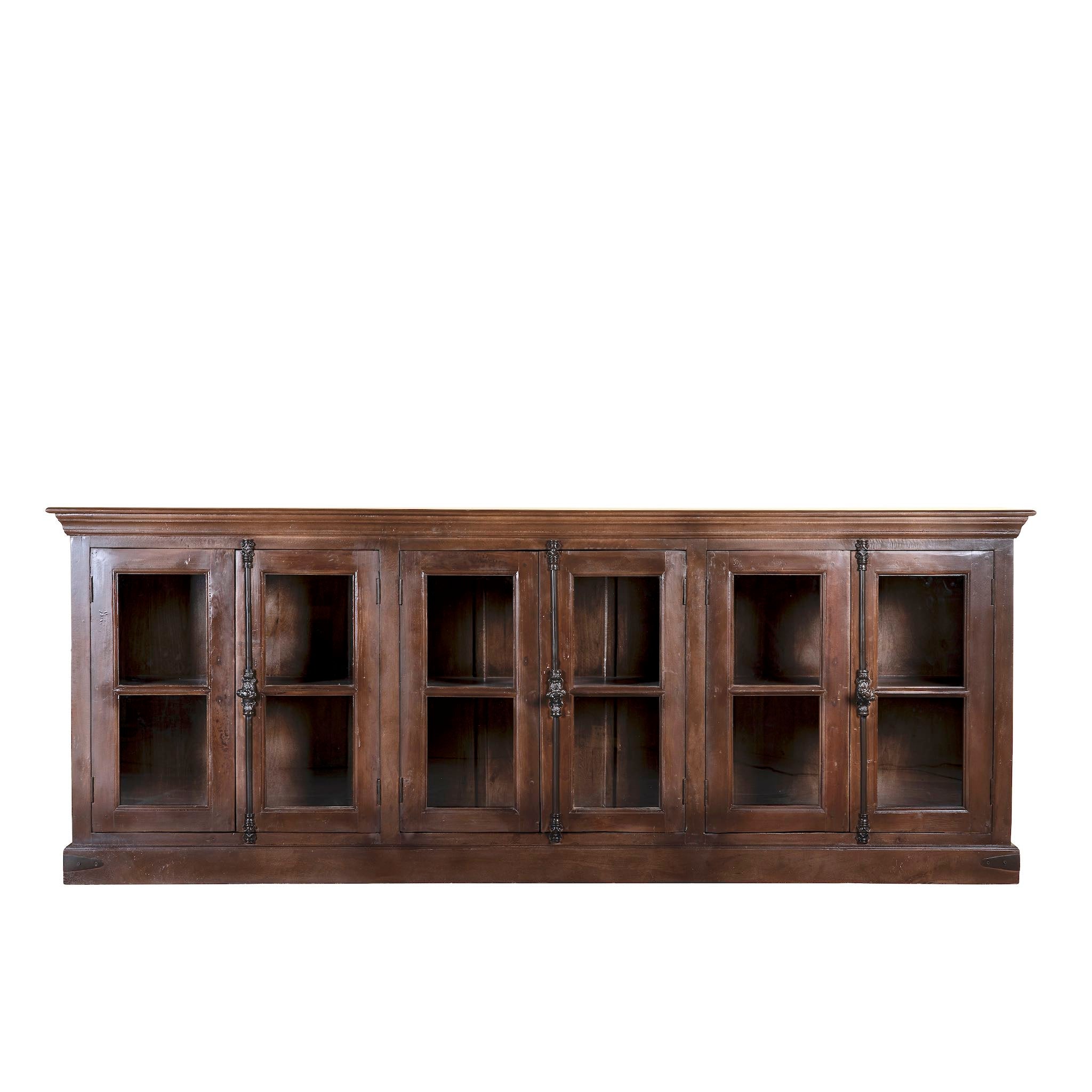 White background image of a large reclaimed wood sideboard in rustic boho style with six glass-panelled doors, 257×46×100 cm.