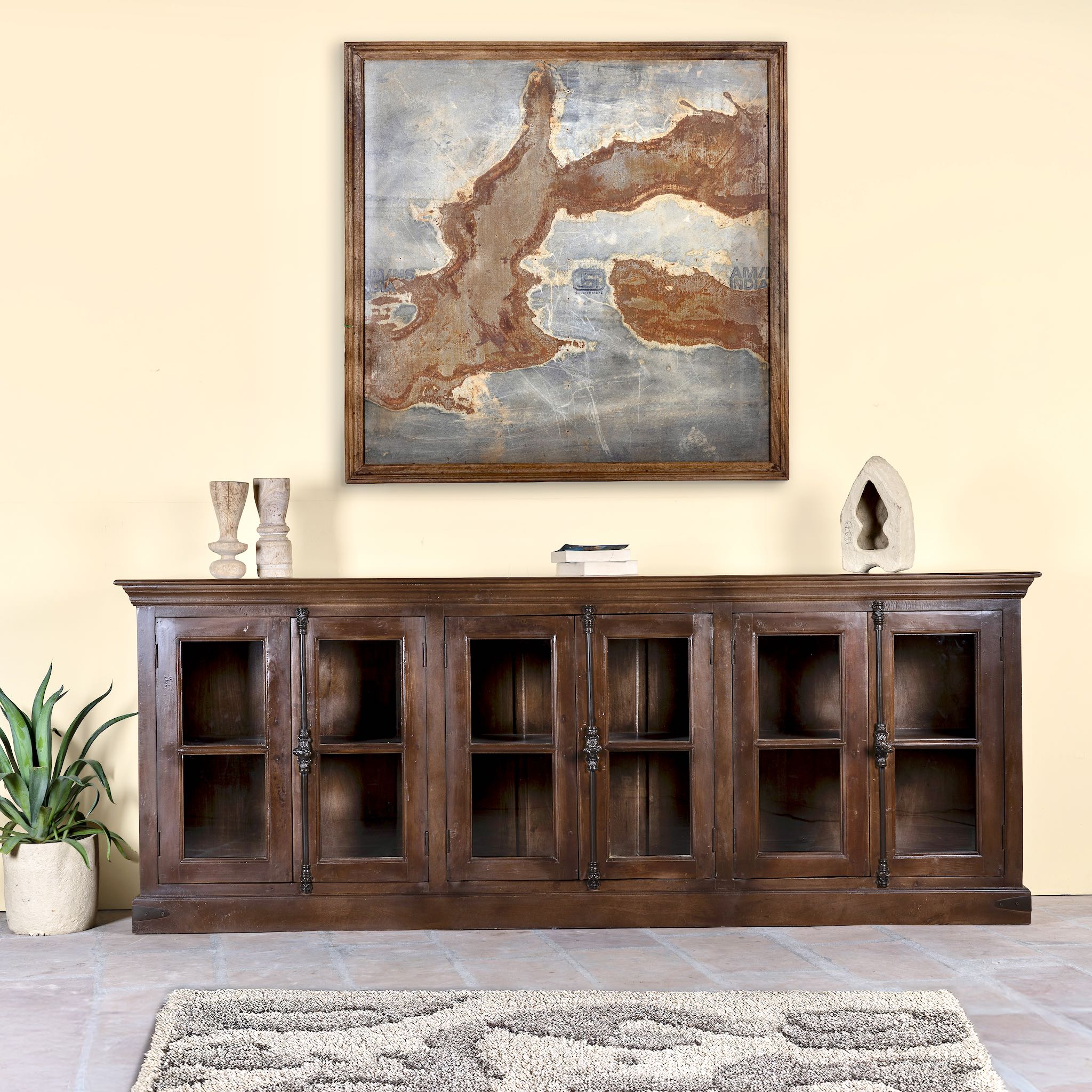 Large reclaimed wood sideboard in rustic boho style with five glass-panelled doors, 257×46×100 cm.