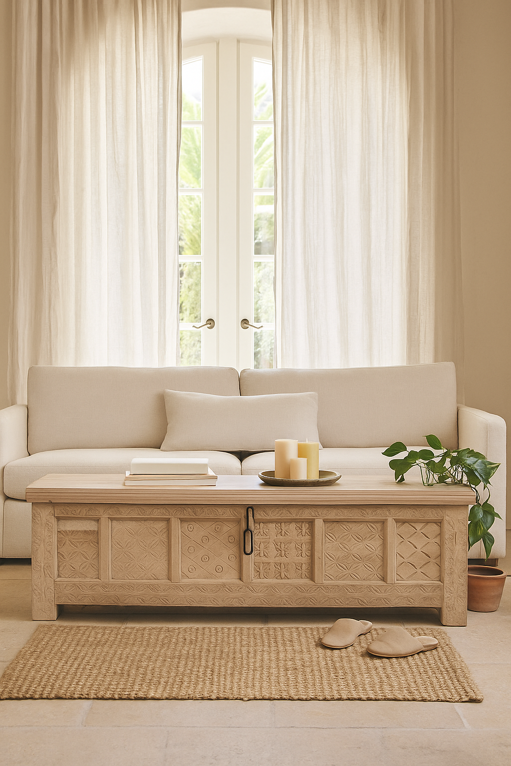 Lifestyle image of a Ibiza style carved mango wood chest with sandblasted finish and iron lock; 150 × 40 × 45 cm.