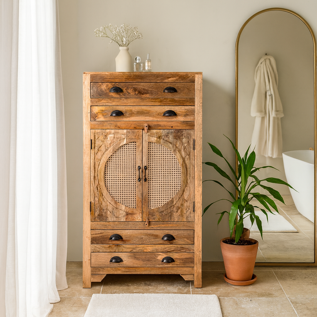 Lifestyle imagination of a handcrafted mango wood cabinet Agnayi with rattan inserts and floral carvings, rattan furniture for bohemian interior, 80 × 40 × 148 cm.