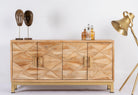 Handcrafted mango wood sideboard with star-carved doors and brass-plated iron stand—an artisanal furniture piece blending minimalistic and rustic design elements.