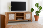 Lifestyle imagination of a wood carved sideboard Alka, Indian furniture made from mango wood with floral carvings, whitewashed finish, 150 × 40 × 60 cm.
