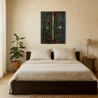 lifestyle scene with a vintage hand-painted wall panel made from reclaimed Indian teak wood with floral blue motifs – Amol model by Om Home & Garden
