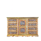 White background image of a hand-painted reclaimed wood sideboard with floral motifs – a unique piece of sustainable furniture for vibrant Indian home decor.