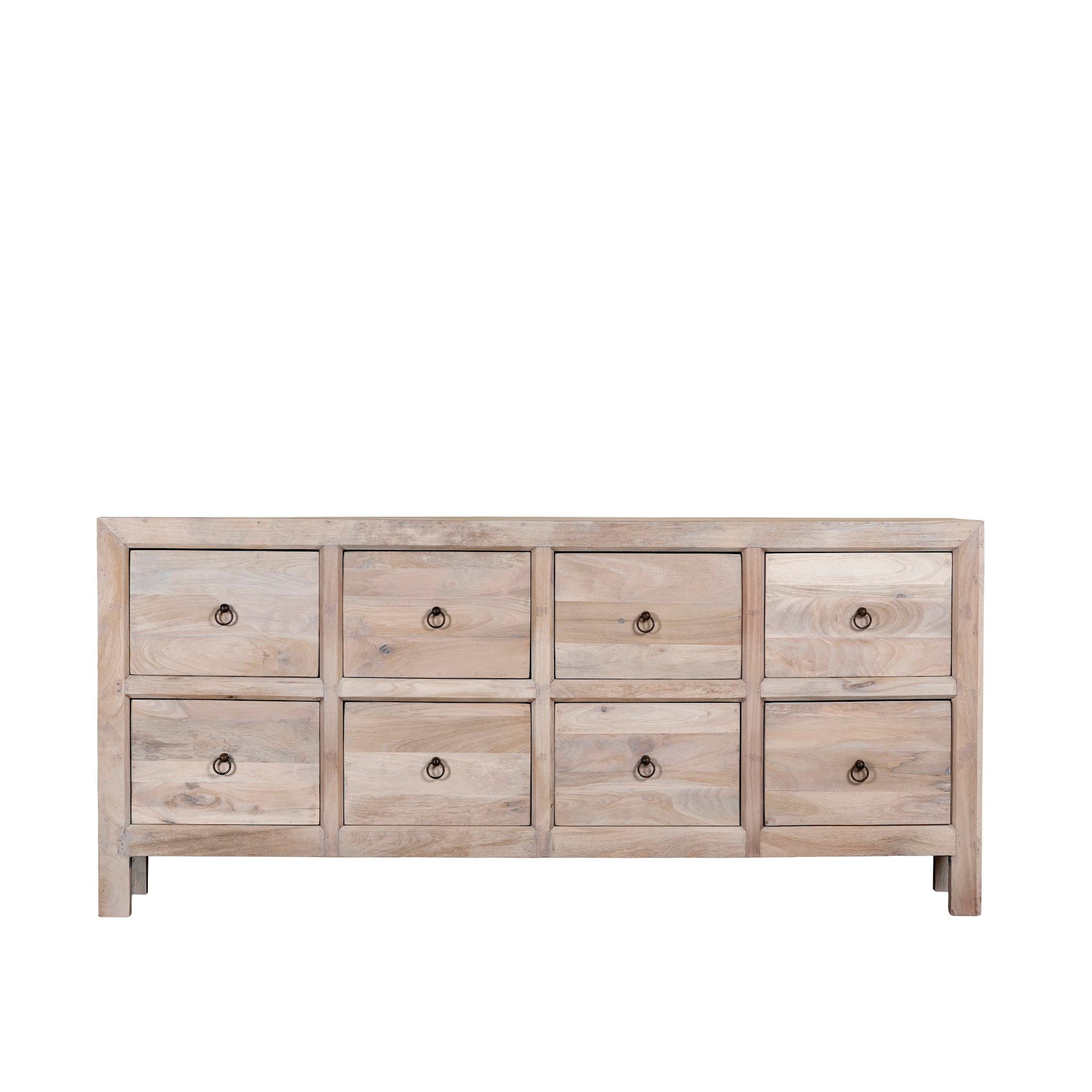 White background image of a reclaimed sandblasted wooden chest of drawers with 8 drawers, part of our Ibiza style furniture collection.
