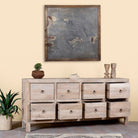 Open drawer image of a reclaimed sandblasted wooden chest of drawers with 8 drawers, part of our Ibiza style furniture collection.