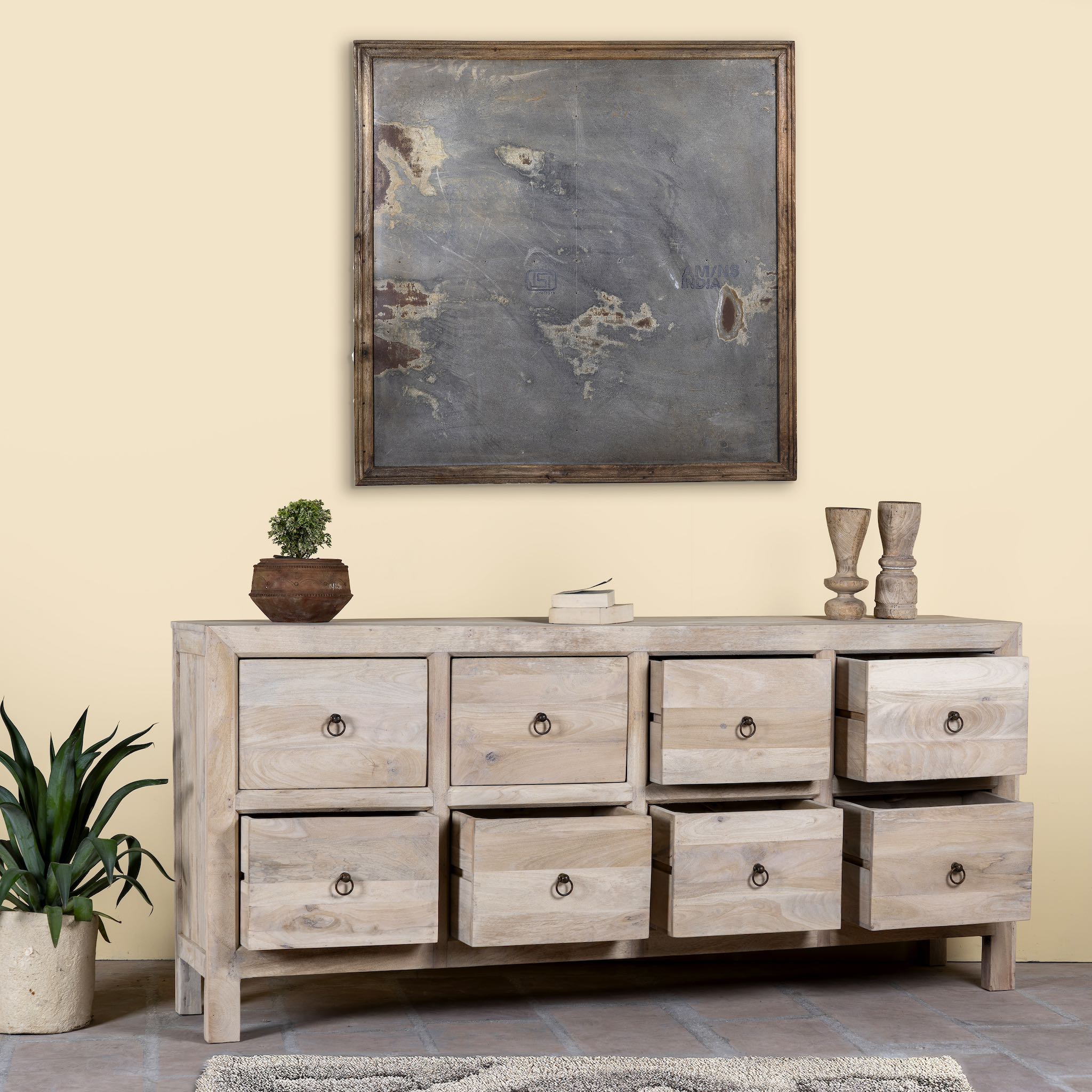 Open drawer image of a reclaimed sandblasted wooden chest of drawers with 8 drawers, part of our Ibiza style furniture collection.