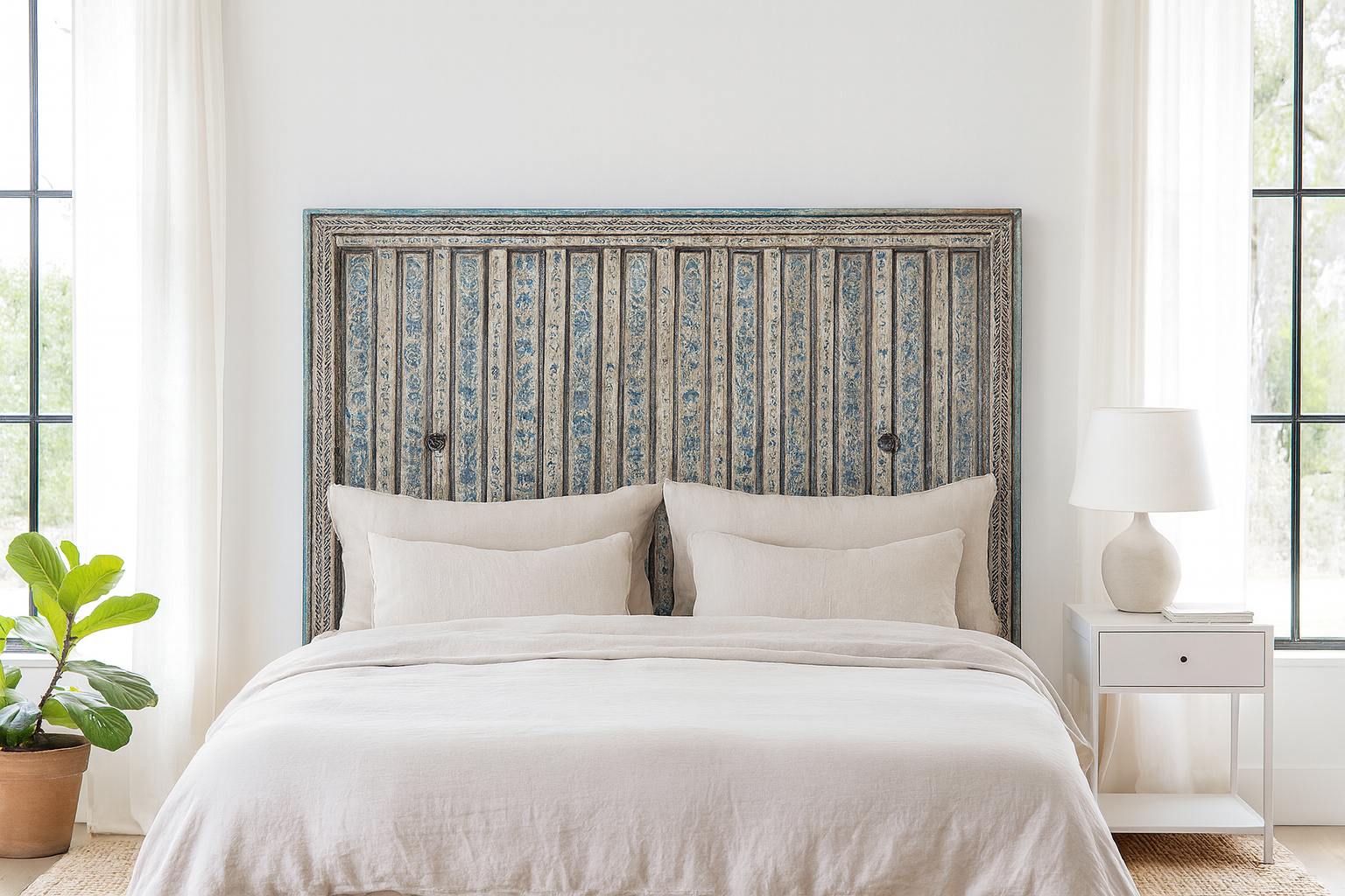 Lifestyle image of a Anmol hand painted head board made from an antique Indian teak door, featuring traditional floral motifs in blue and cream and original iron hardware—an elegant example of hand painted head boards and authentic Indian headboards.