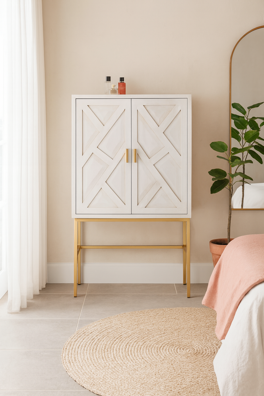 Lifestyle imagination of a tall whitewashed mango wood cabinet with carved lines and antique brass iron base, 91 × 154 × 43 cm.