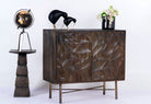 Side angle image of a hand-carved mango wood sideboard with brass-plated iron stand—an artisanal, minimalistic furniture piece combining natural warmth and modern elegance.