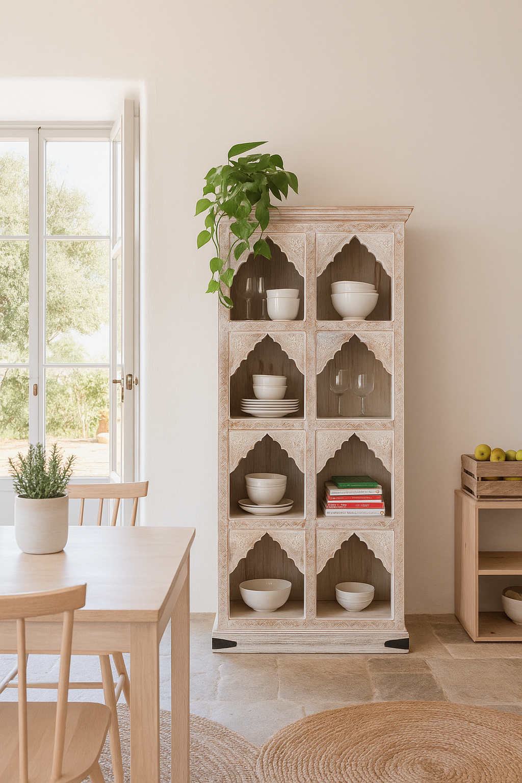 Lifestyle image of a hand-carved mango wood shelving unit with Moroccan arches and whitewashed finish; perfect as an entryway shelf or display piece, 180 × 90 × 40 cm.